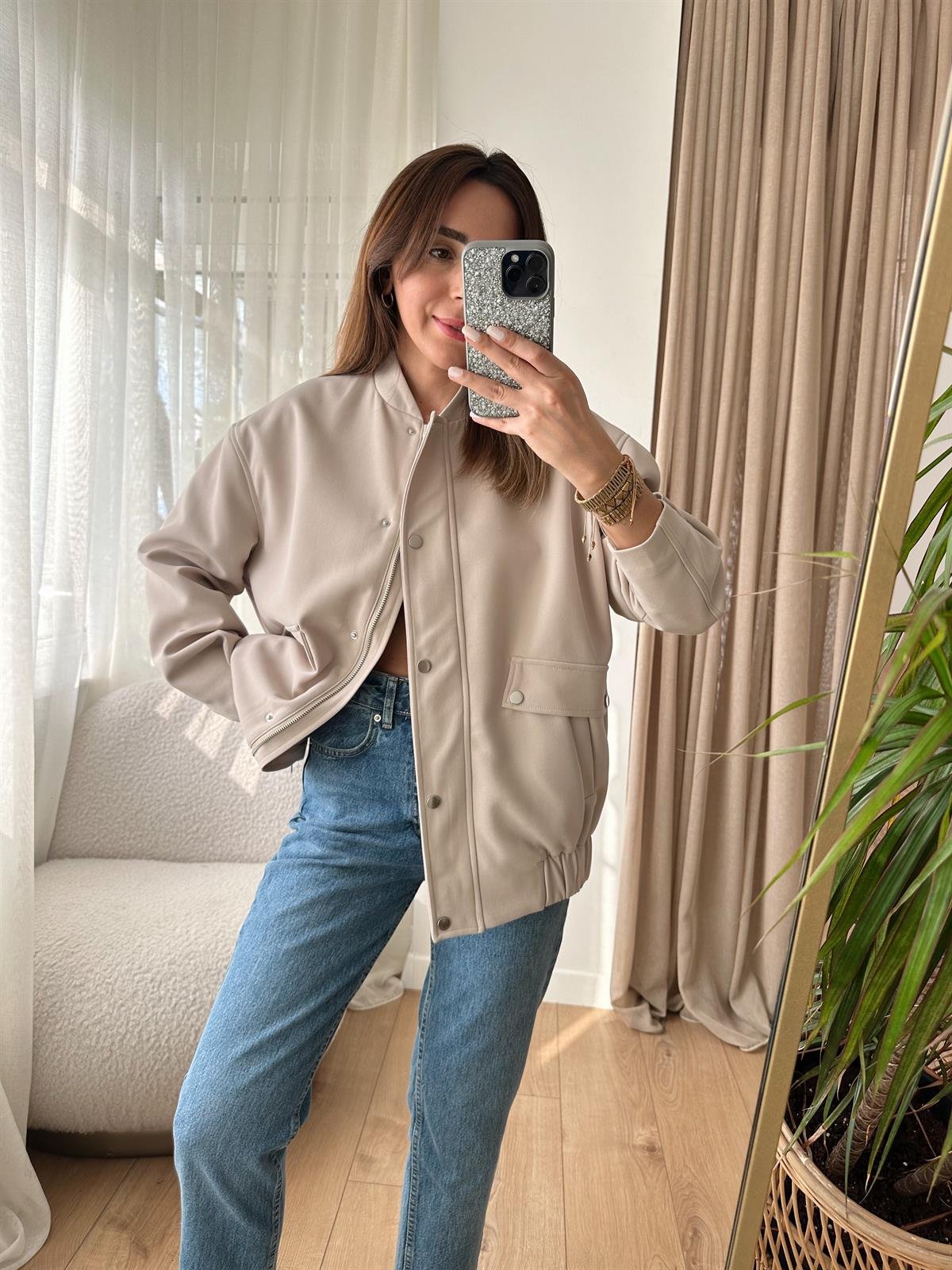 TAŞ RENGİ ASTARLI KALIN BOMBER CEKET