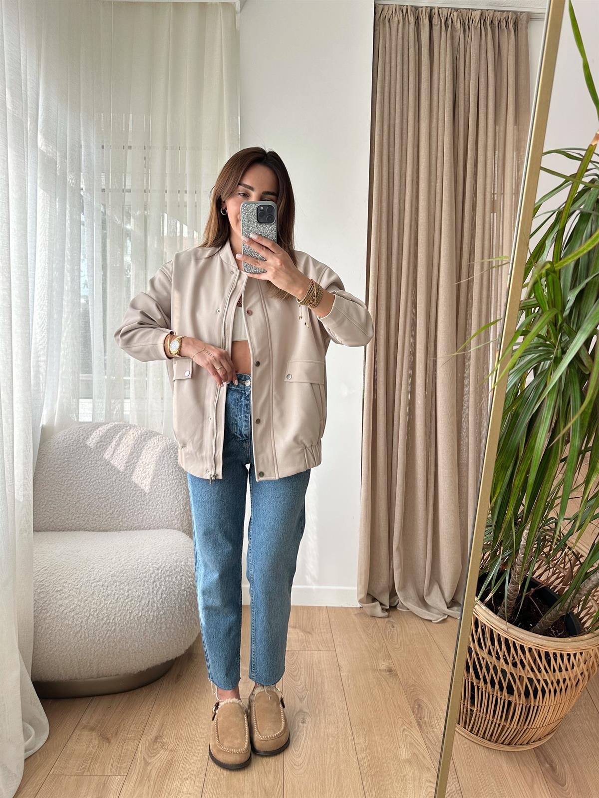 TAŞ RENGİ ASTARLI KALIN BOMBER CEKET