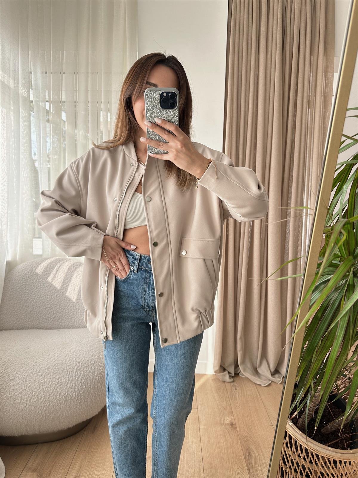 TAŞ RENGİ ASTARLI KALIN BOMBER CEKET