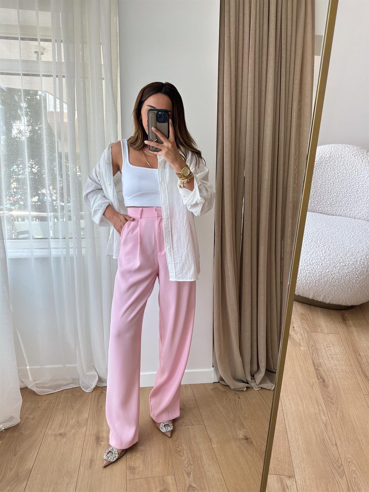 TOZ PEMBE PREMIUM  KREP KUMAŞ PALAZZO PANTOLON