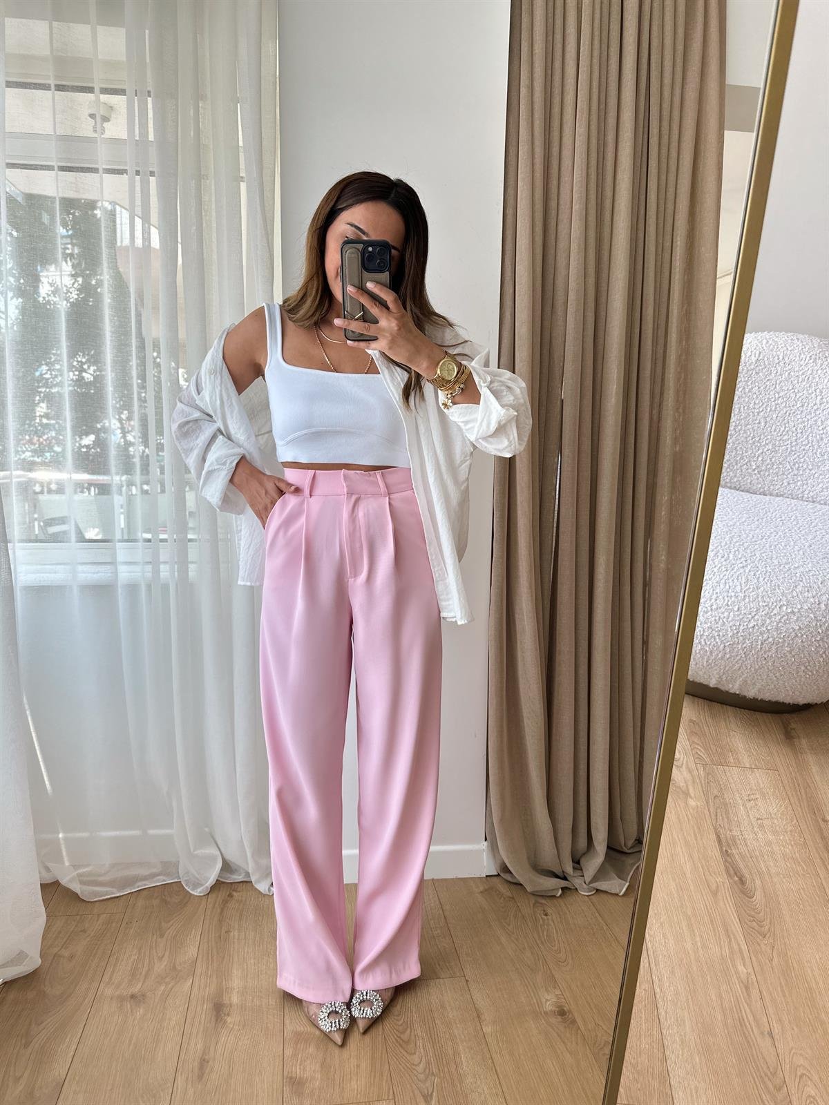 TOZ PEMBE PREMIUM  KREP KUMAŞ PALAZZO PANTOLON