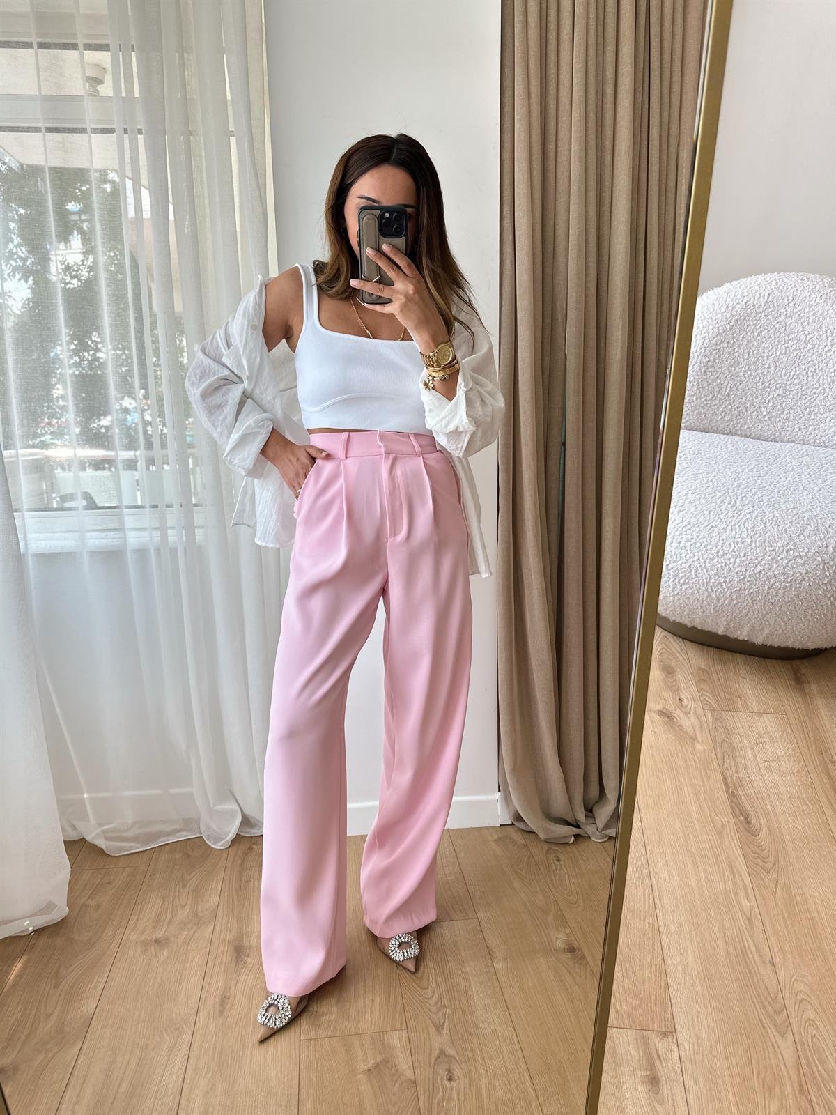 TOZ PEMBE PREMIUM  KREP KUMAŞ PALAZZO PANTOLON