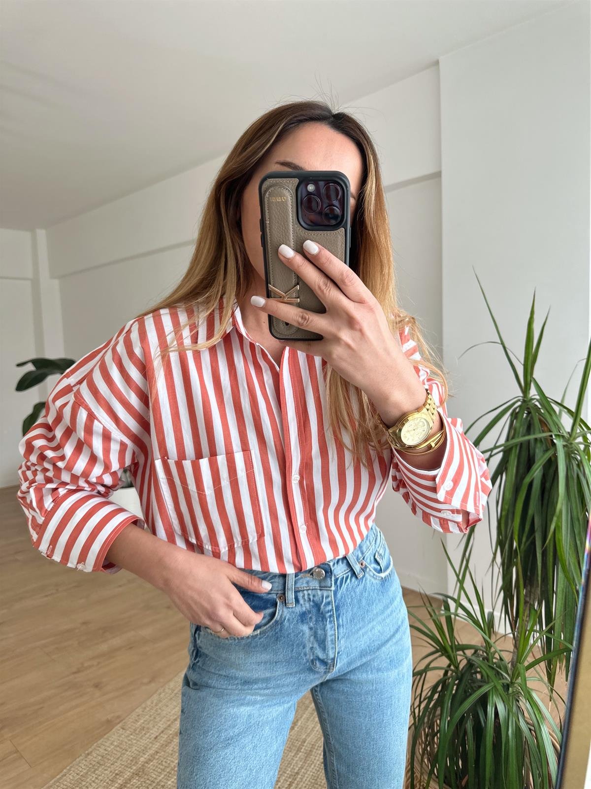 TURUNCU ÇİZGİLİ OVERSIZE GÖMLEK