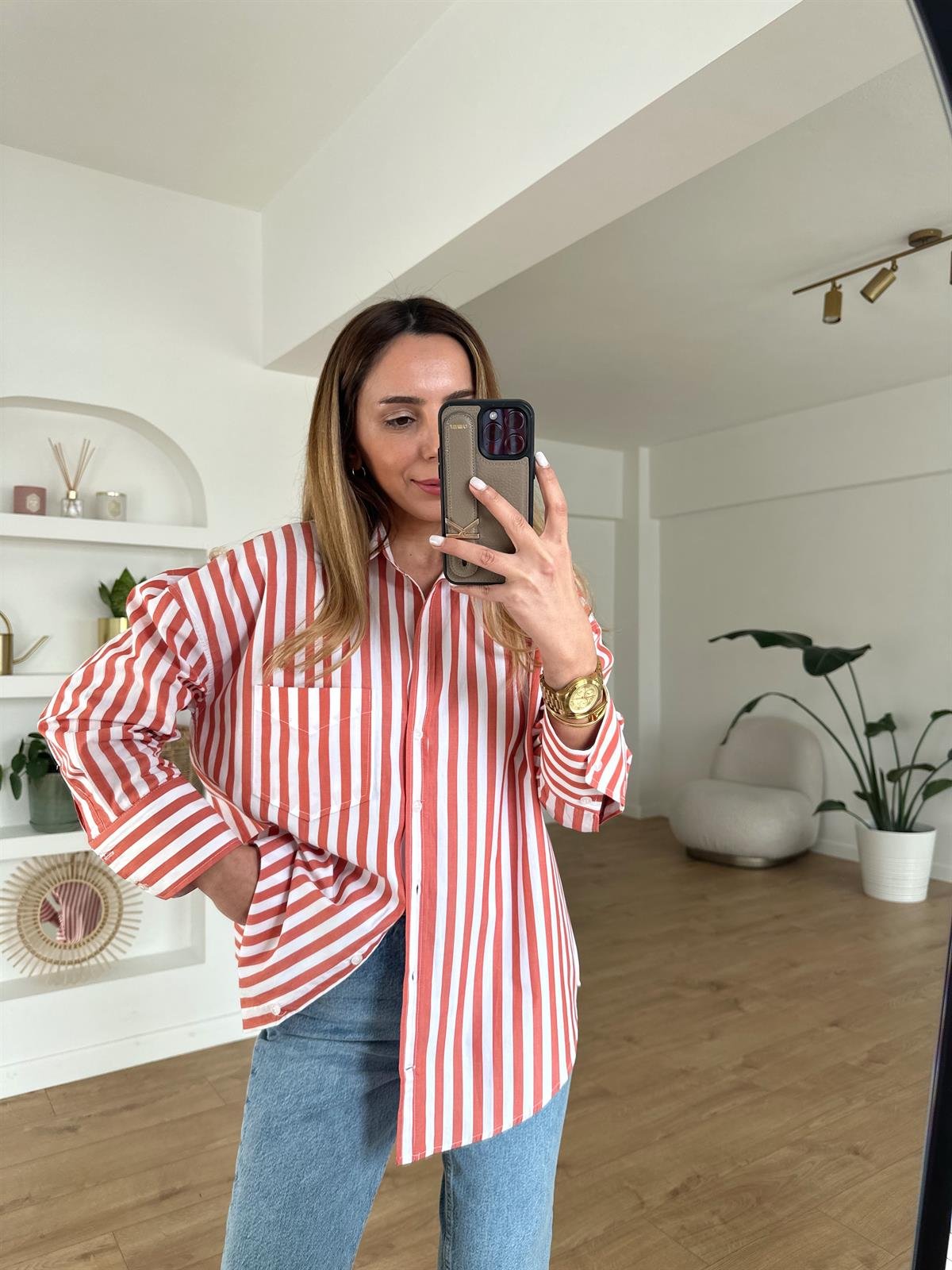 TURUNCU ÇİZGİLİ OVERSIZE GÖMLEK