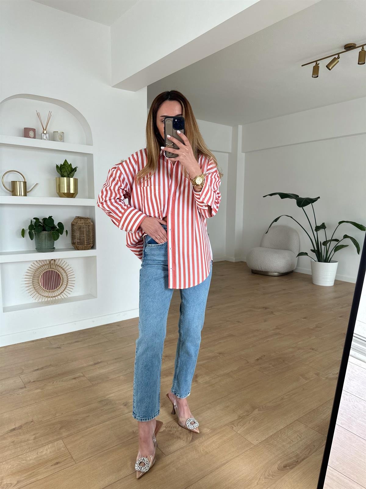TURUNCU ÇİZGİLİ OVERSIZE GÖMLEK