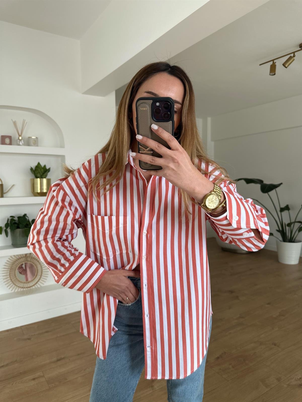 TURUNCU ÇİZGİLİ OVERSIZE GÖMLEK
