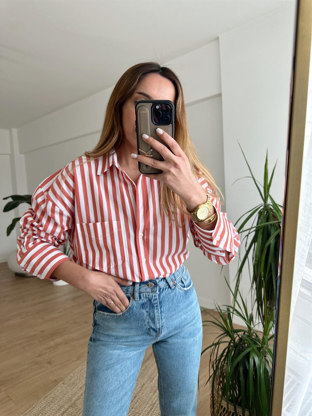TURUNCU ÇİZGİLİ OVERSIZE GÖMLEK