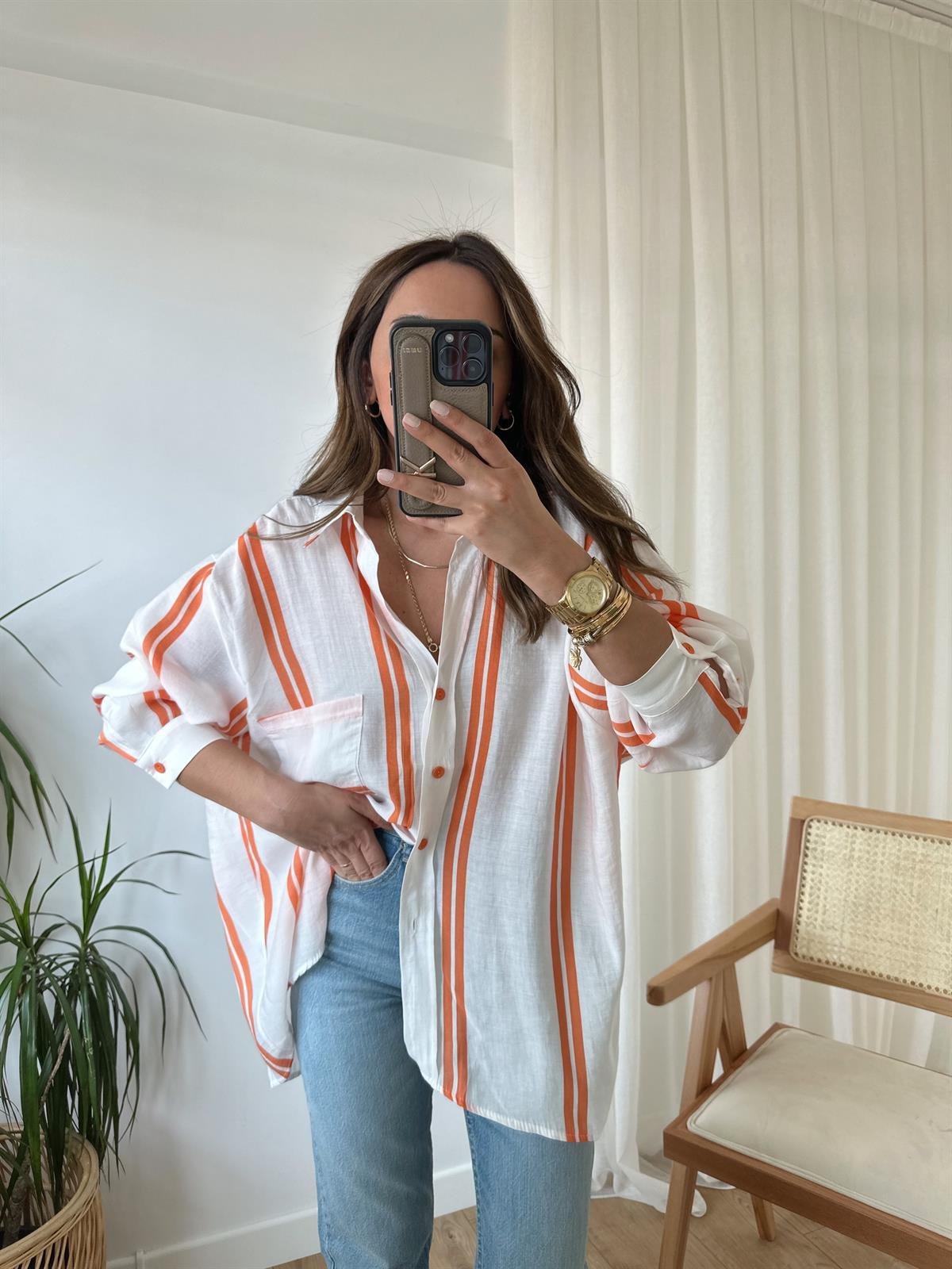 TURUNCU ÇİZGİLİ TENSEL OVERSIZE GÖMLEK