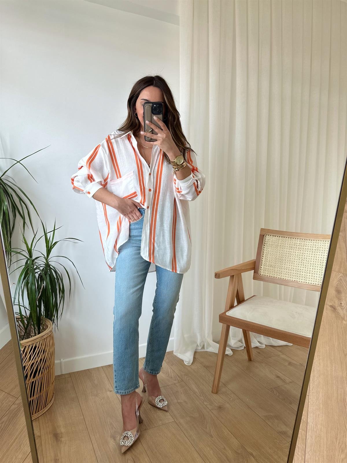 TURUNCU ÇİZGİLİ TENSEL OVERSIZE GÖMLEK