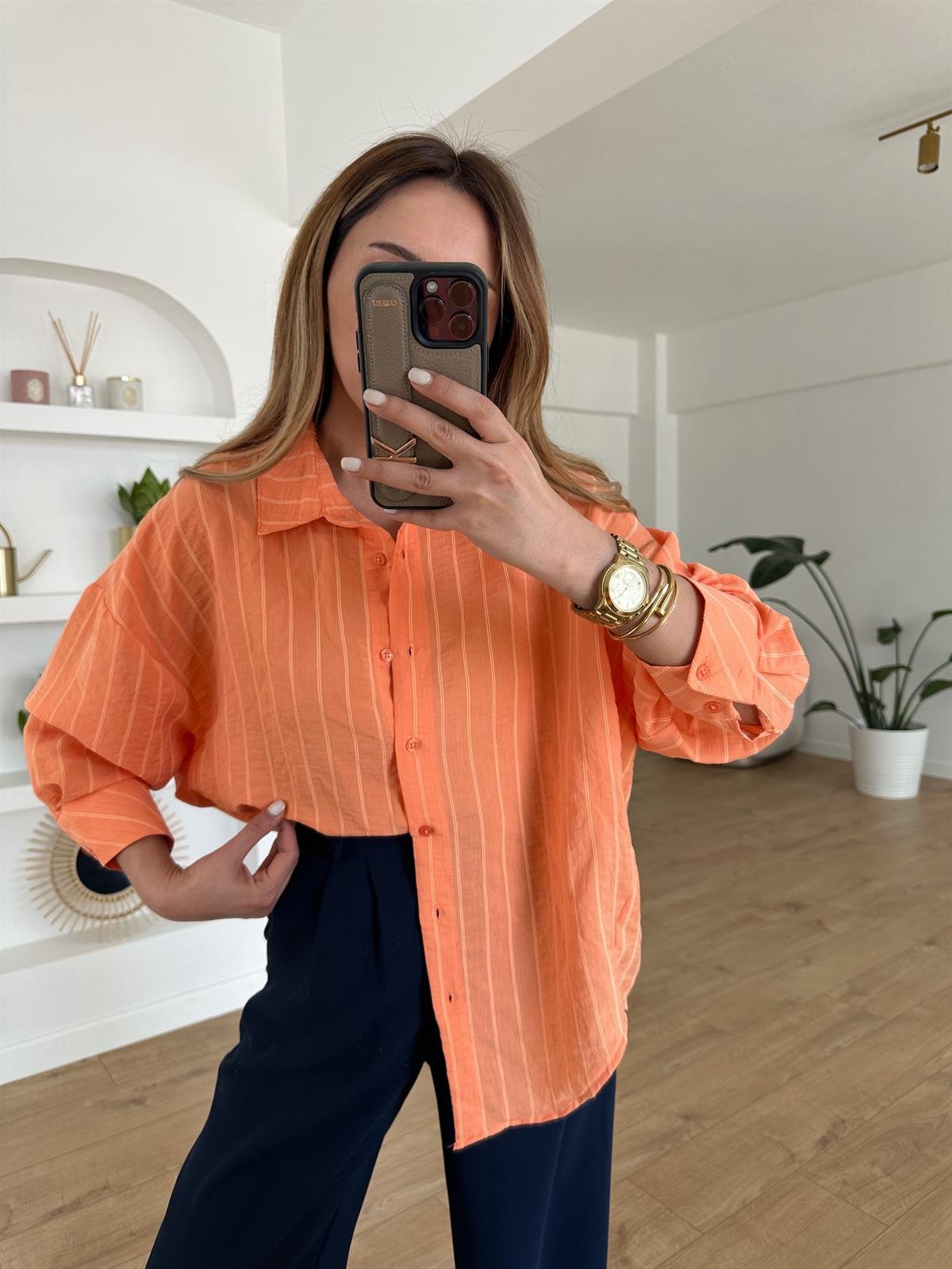 TURUNCU ÇİZGİLİ TENSEL OVERSIZE GÖMLEK