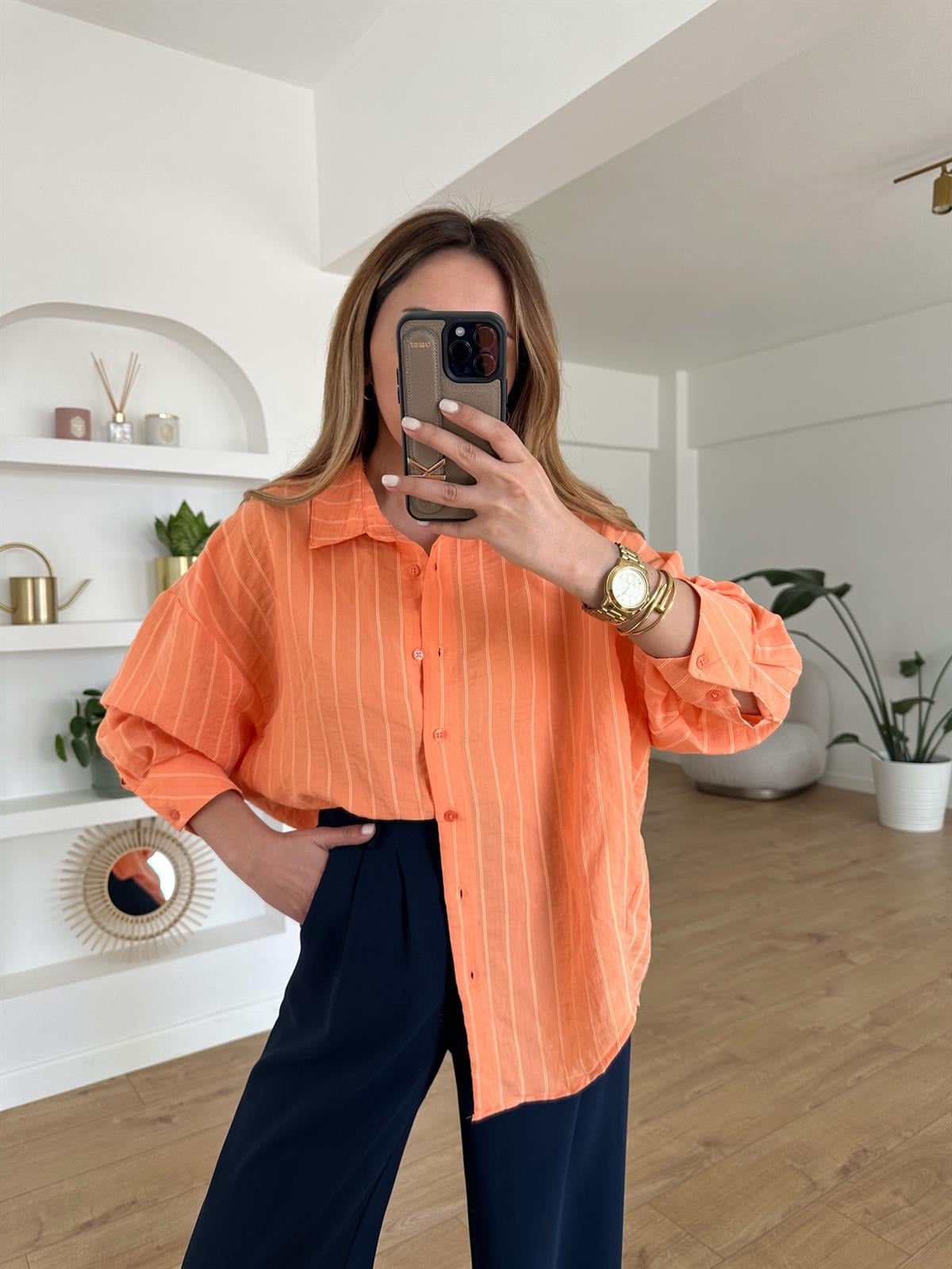 TURUNCU ÇİZGİLİ TENSEL OVERSIZE GÖMLEK