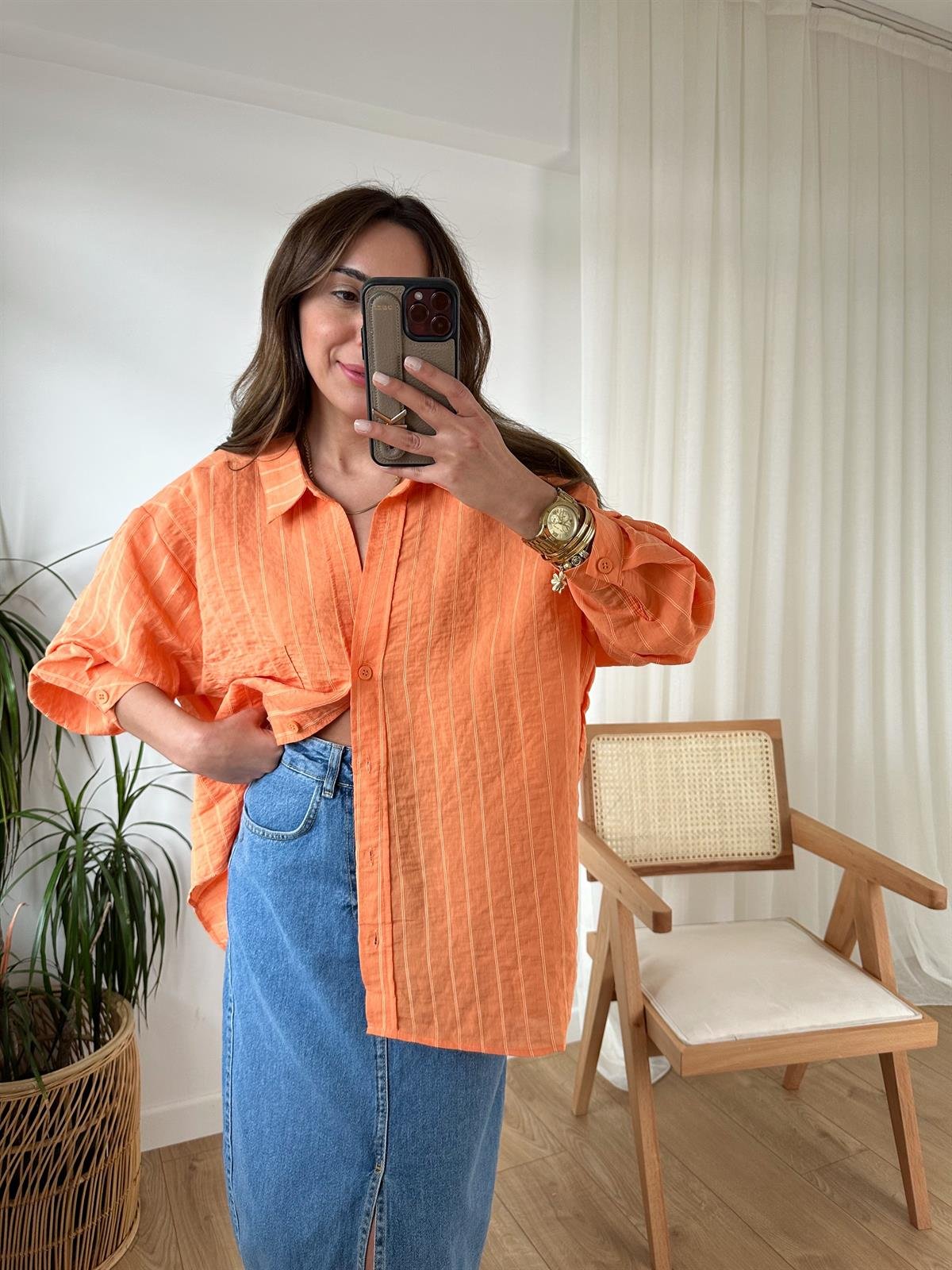 TURUNCU ÇİZGİLİ TENSEL OVERSIZE GÖMLEK