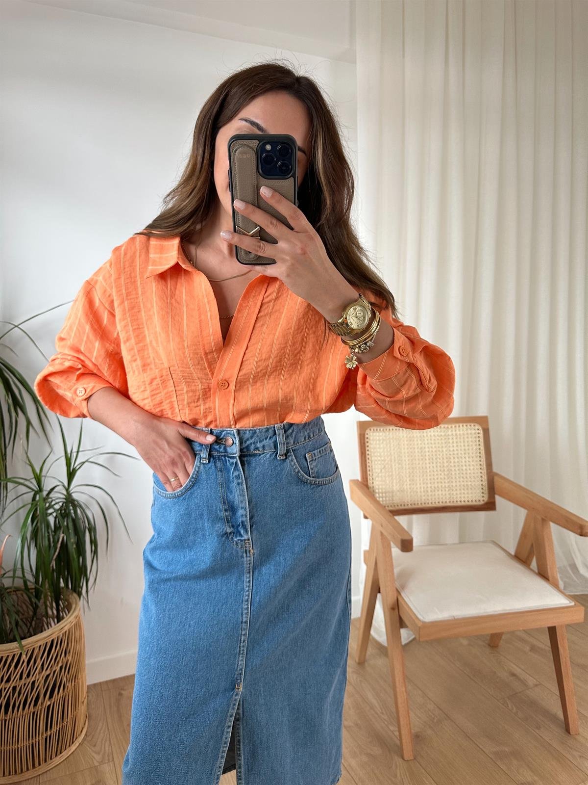 TURUNCU ÇİZGİLİ TENSEL OVERSIZE GÖMLEK