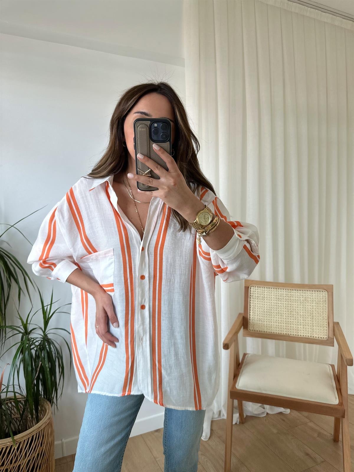 TURUNCU ÇİZGİLİ TENSEL OVERSIZE GÖMLEK
