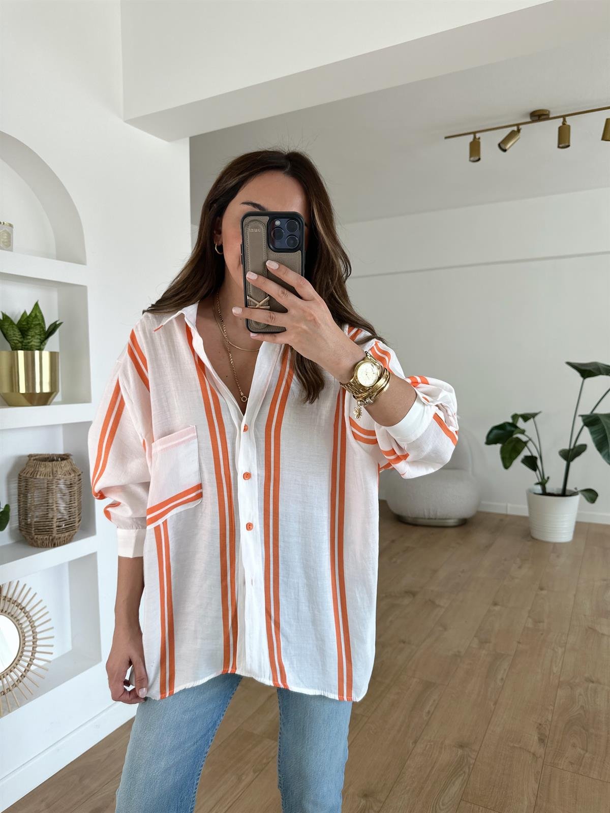 TURUNCU ÇİZGİLİ TENSEL OVERSIZE GÖMLEK