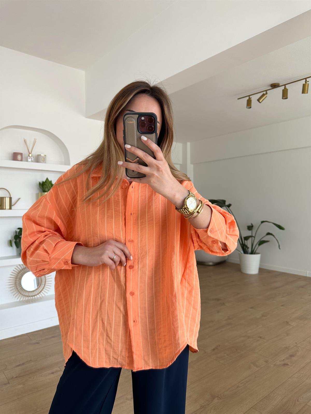 TURUNCU ÇİZGİLİ TENSEL OVERSIZE GÖMLEK