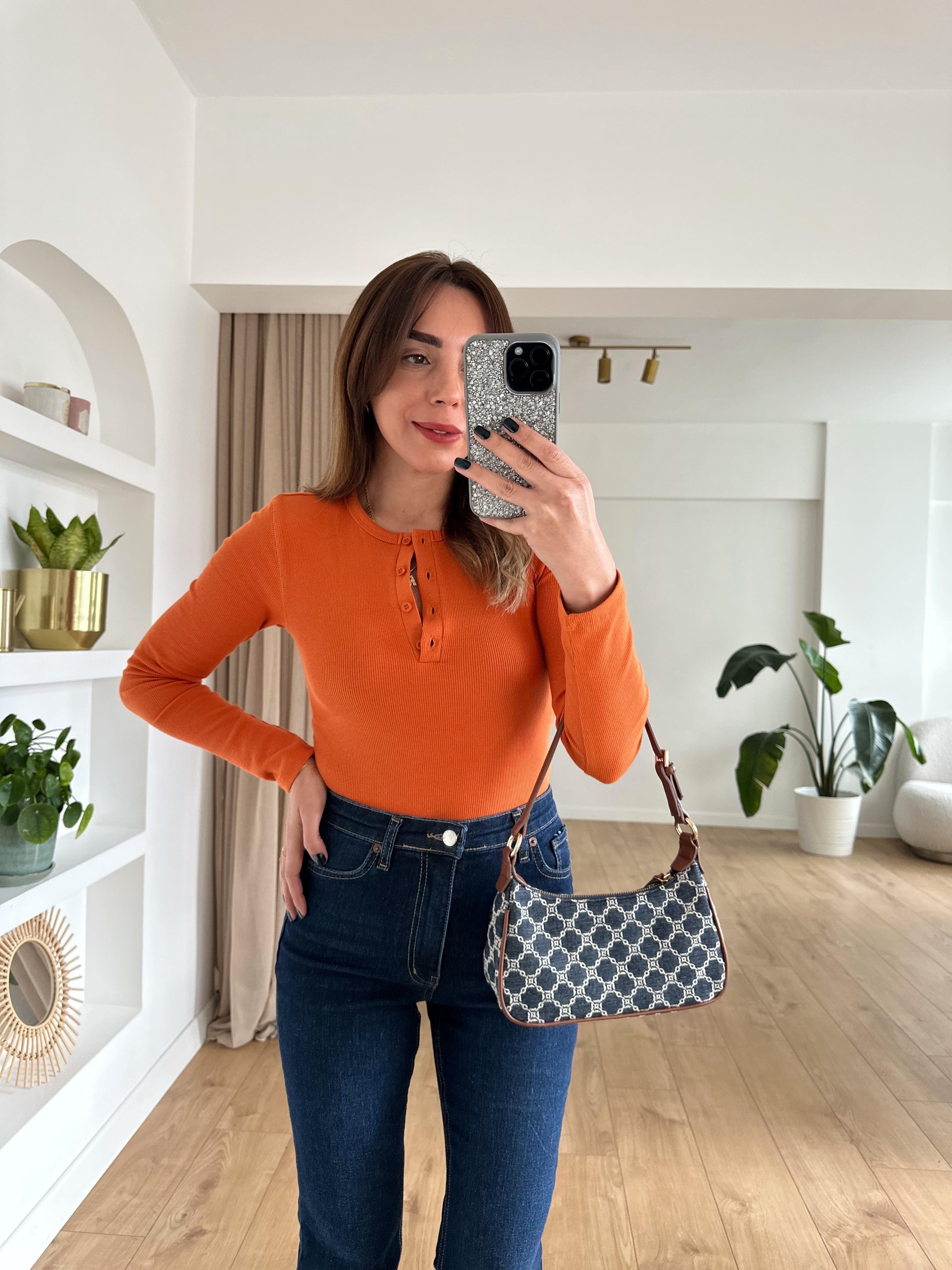 TURUNCU FİTİLLİ PAMUKLU BLUZ