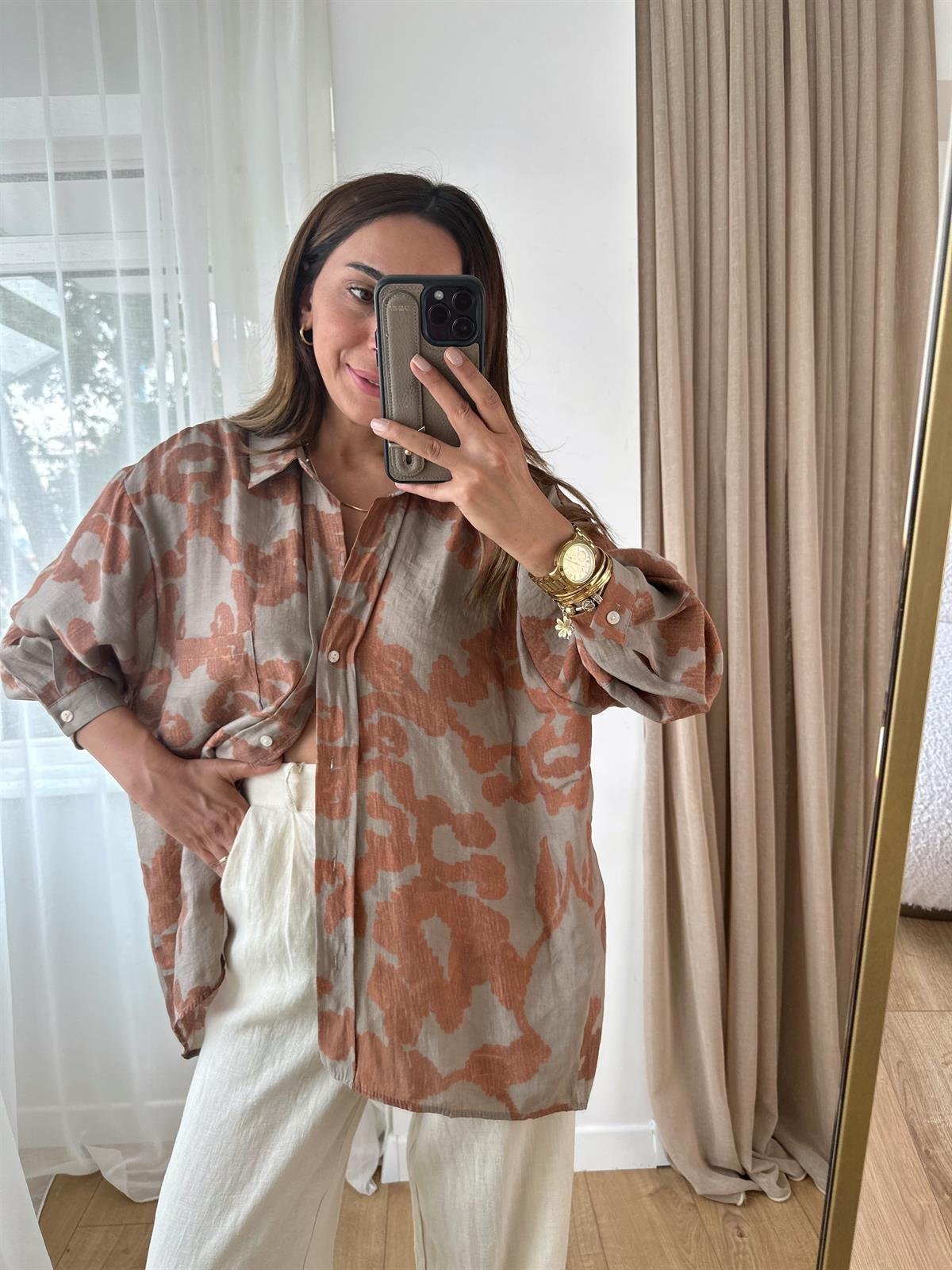 VİZON DESENLİ TENSEL OVERSIZE GÖMLEK