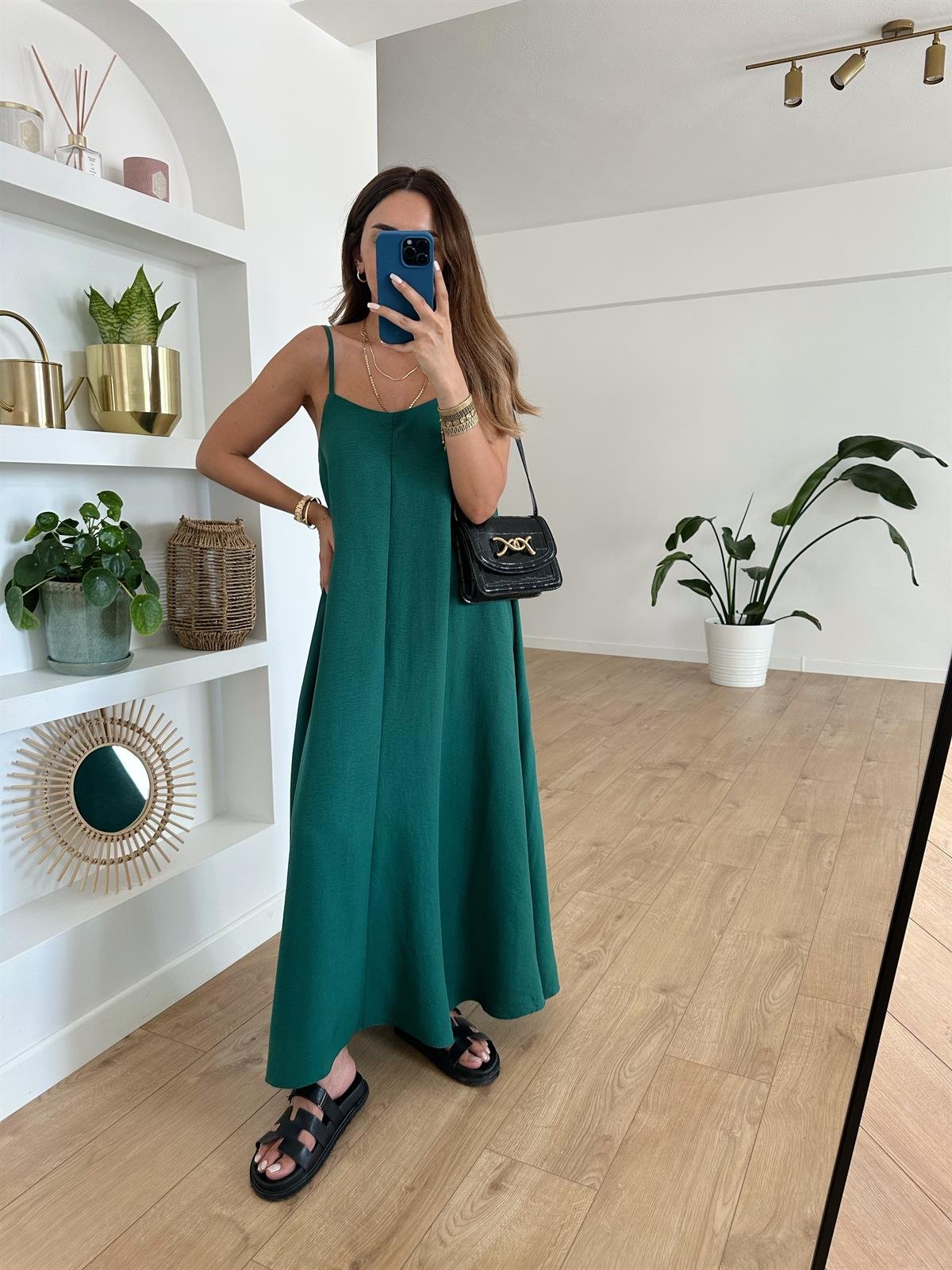YEŞİL BASIC ASKILARI AYARLANABİLİR TENSEL ELBİSE