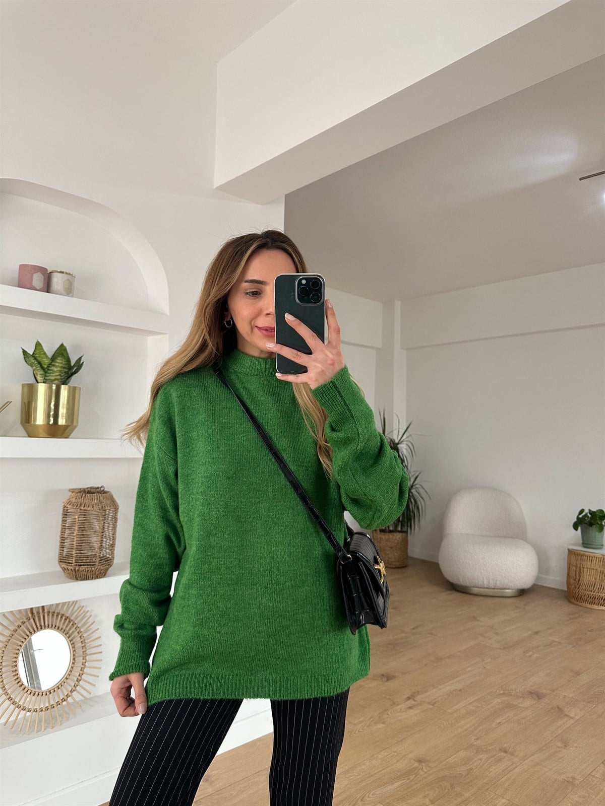 YEŞİL BİSİKLET YAKA OVERSIZE KAZAK