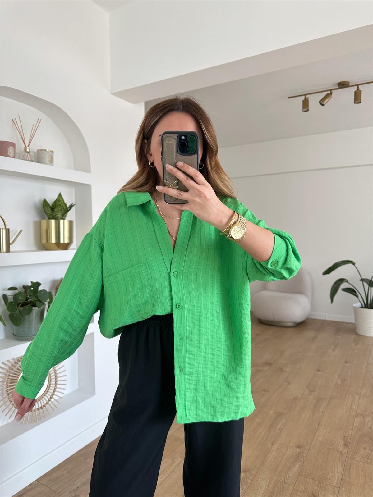 YEŞİL ÇİZGİLİ TENSEL OVERSIZE GÖMLEK