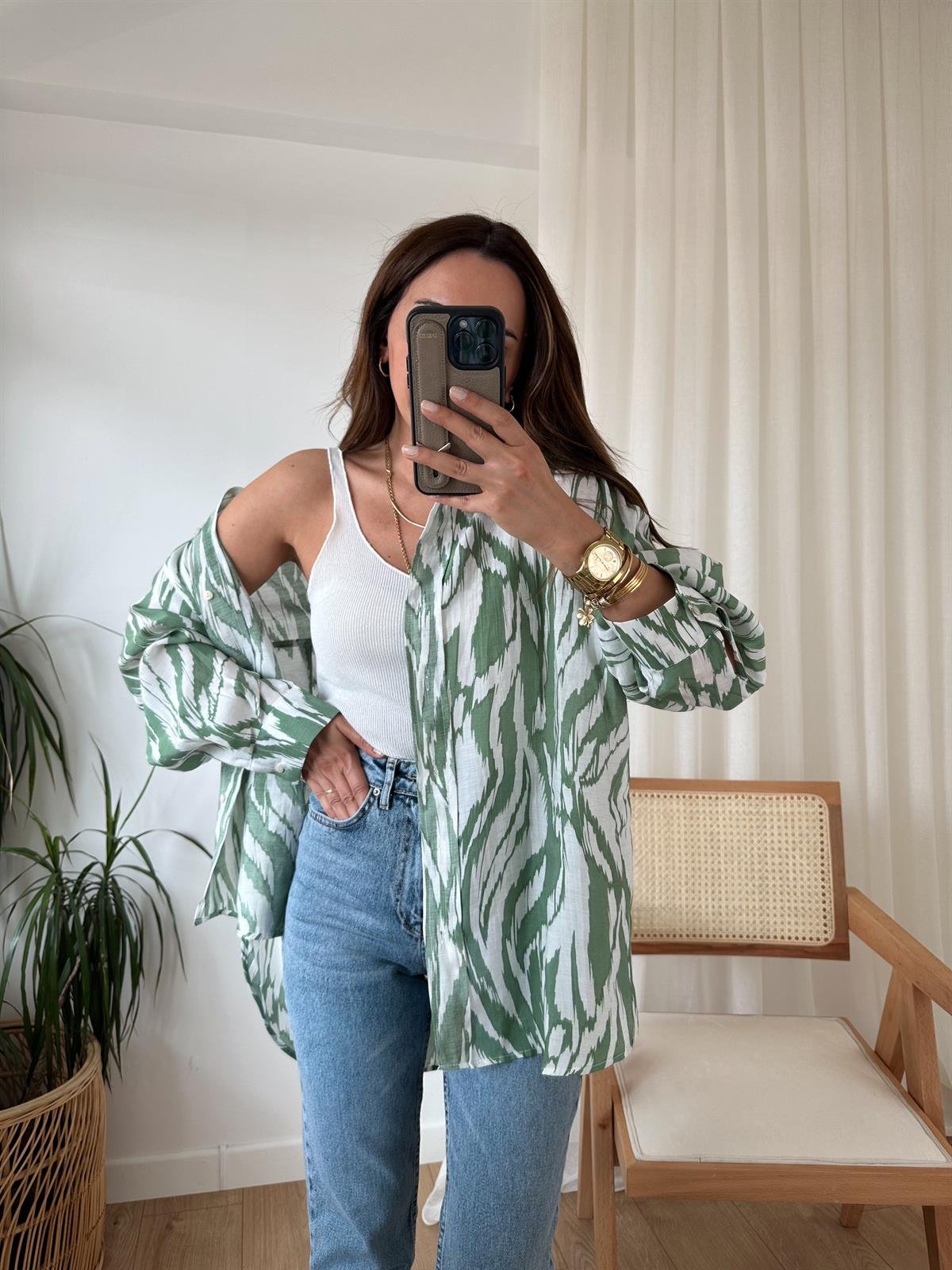 YEŞİL DESENLİ TENSEL OVERSIZE GÖMLEK