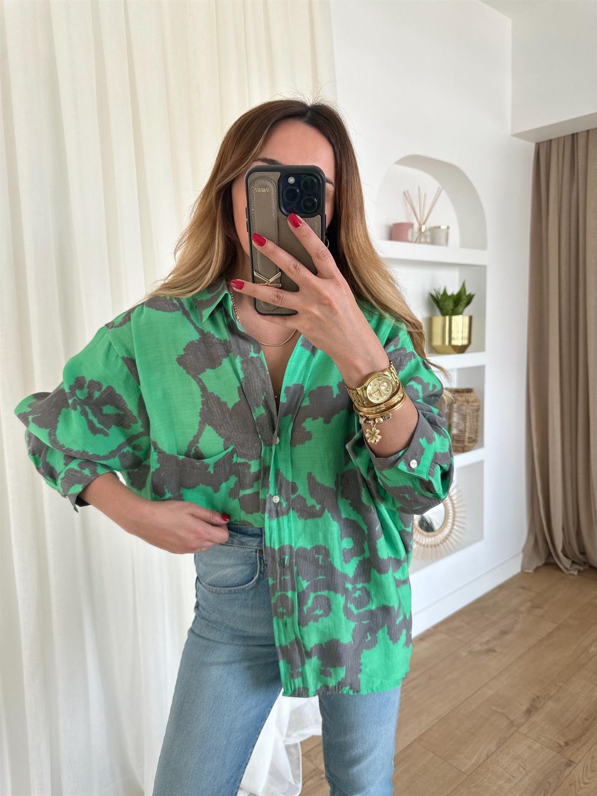 YEŞİL DESENLİ TENSEL OVERSIZE GÖMLEK