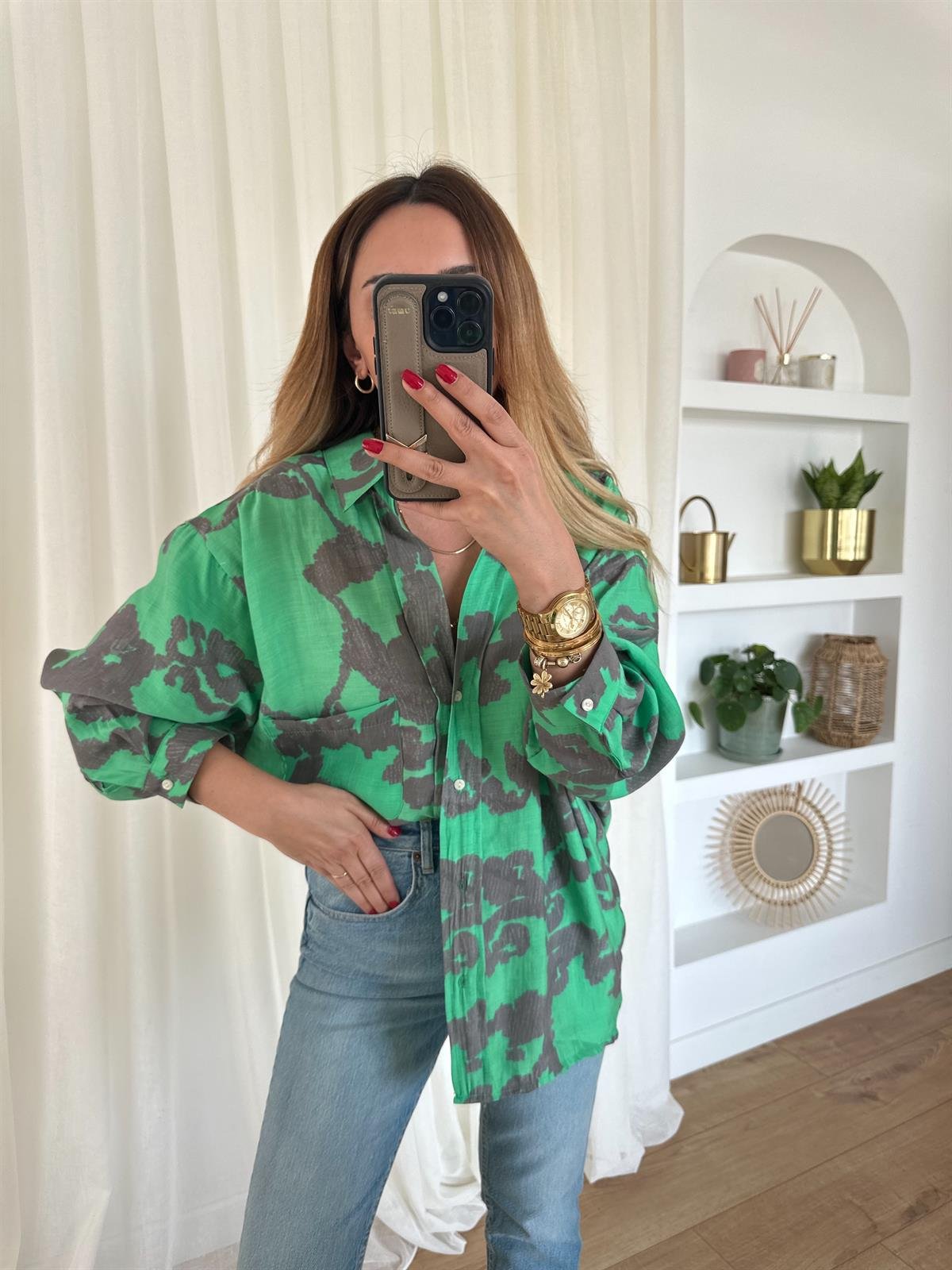 YEŞİL DESENLİ TENSEL OVERSIZE GÖMLEK