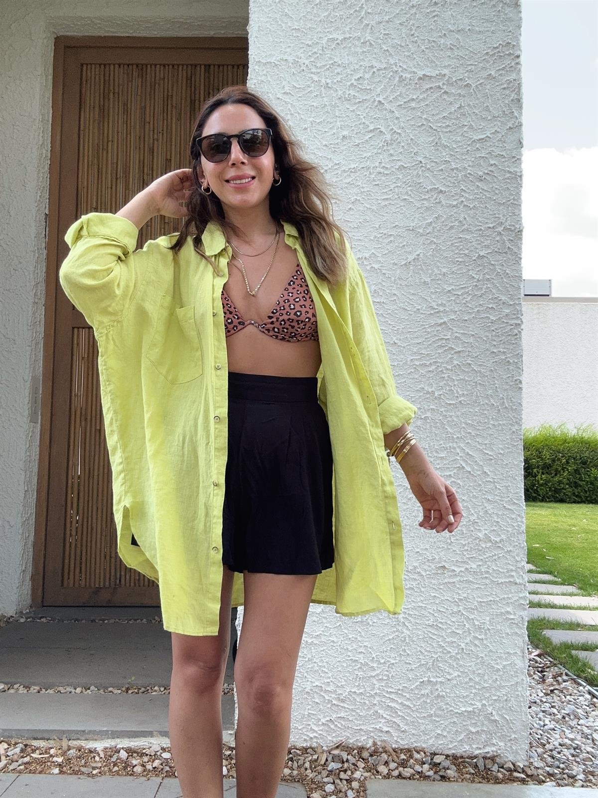 YEŞİL HAM KETEN OVERSIZE GÖMLEK