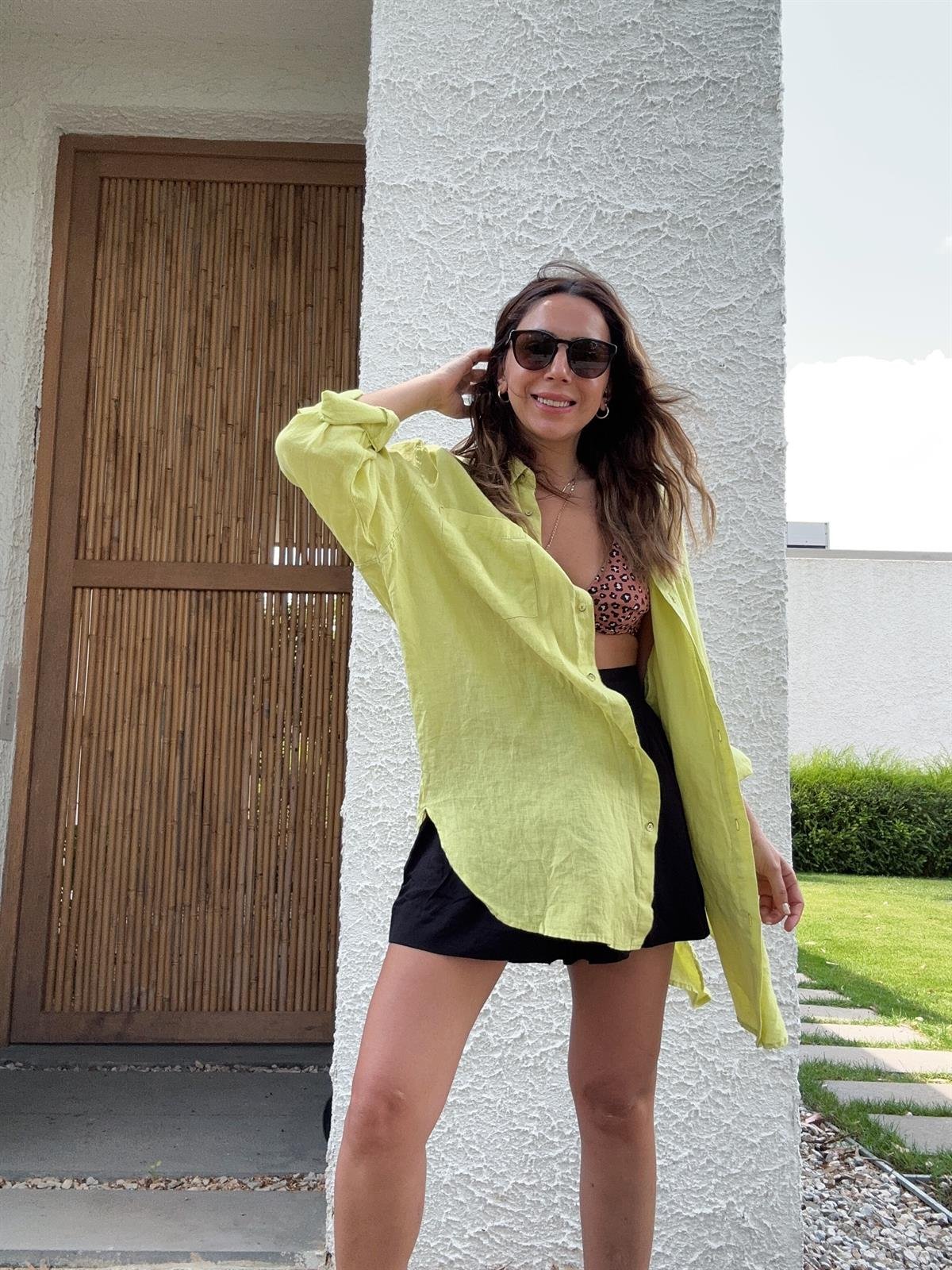 YEŞİL HAM KETEN OVERSIZE GÖMLEK