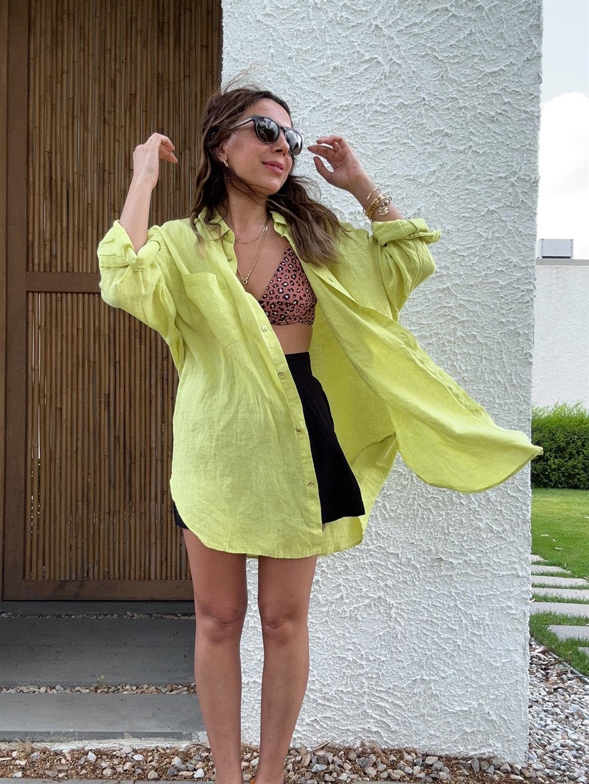 YEŞİL HAM KETEN OVERSIZE GÖMLEK