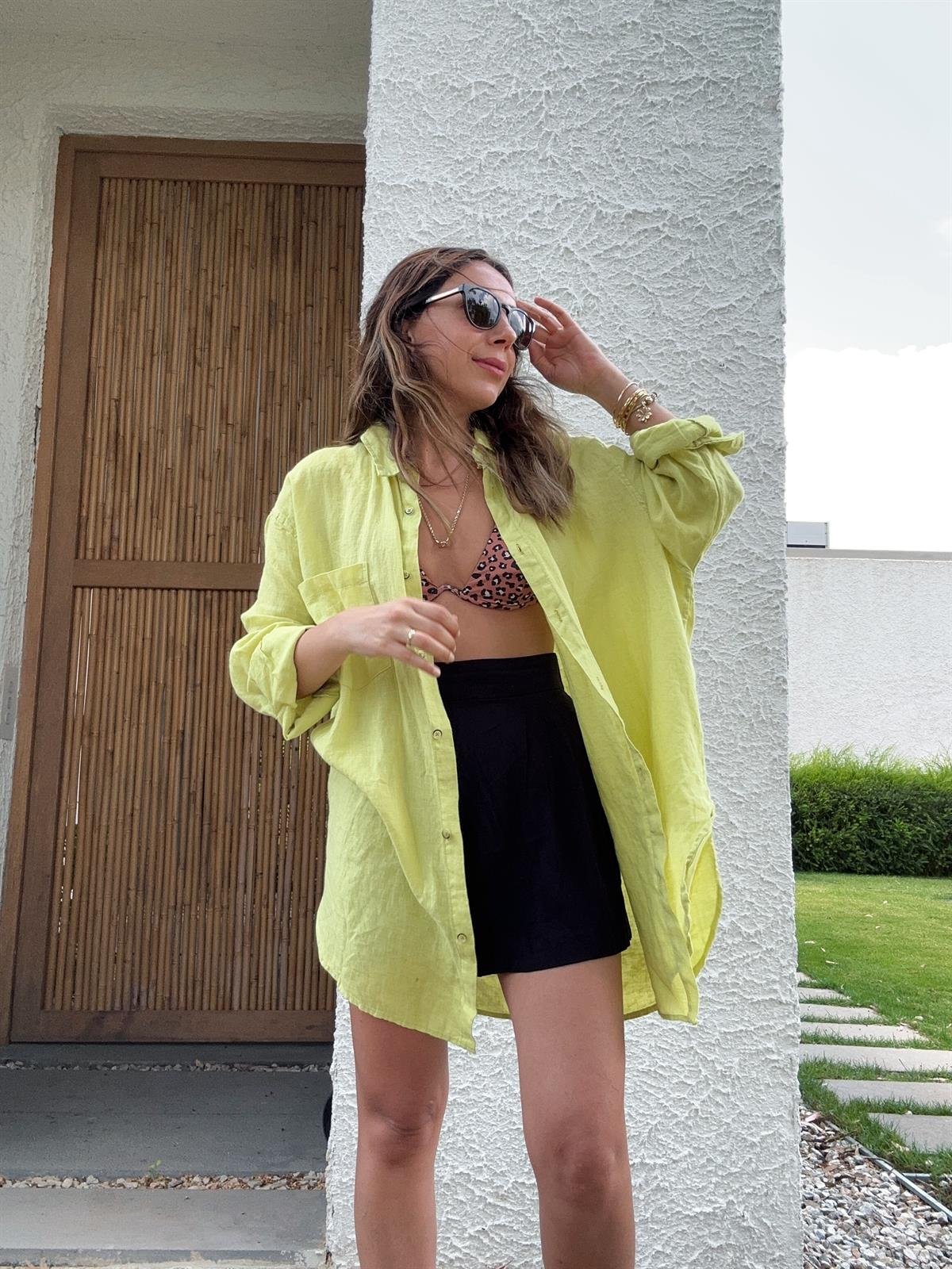 YEŞİL HAM KETEN OVERSIZE GÖMLEK