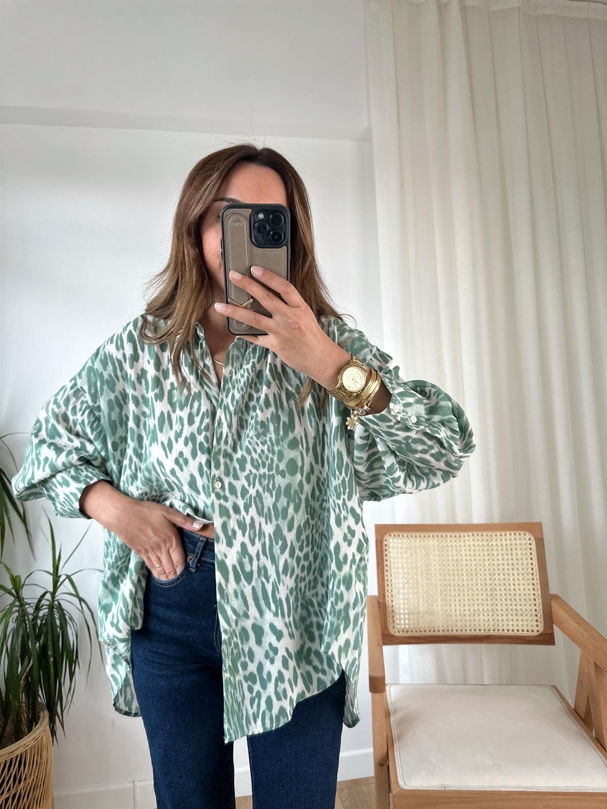 YEŞİL LEOPAR TENSEL OVERSIZE GÖMLEK