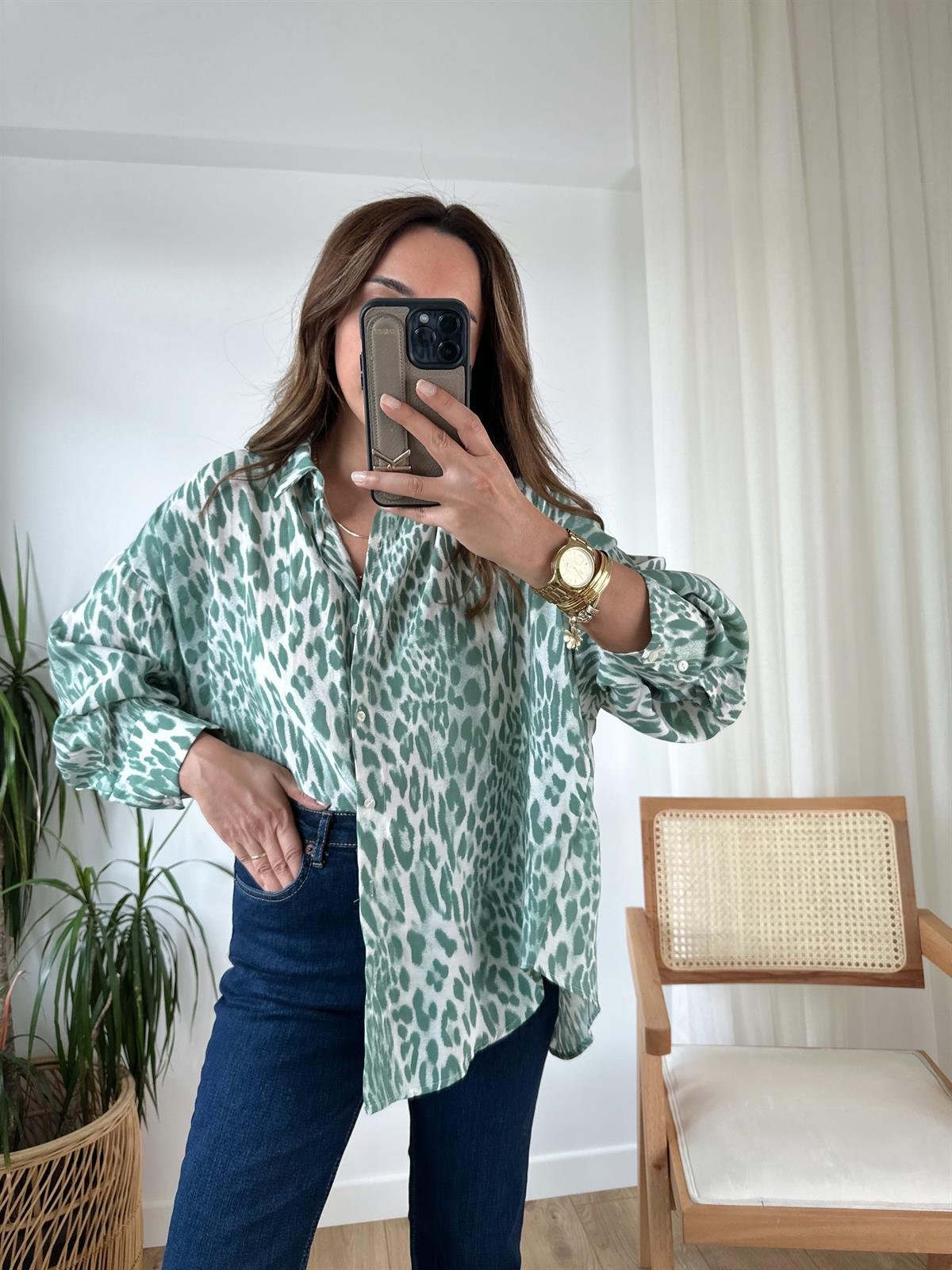 YEŞİL LEOPAR TENSEL OVERSIZE GÖMLEK