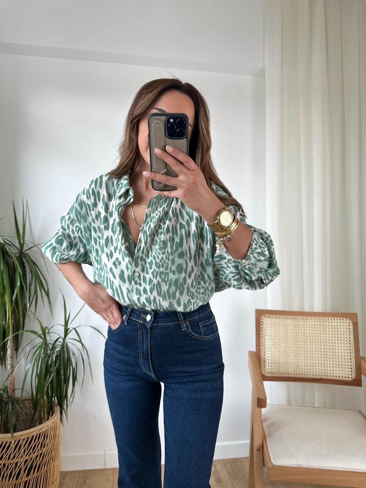 YEŞİL LEOPAR TENSEL OVERSIZE GÖMLEK