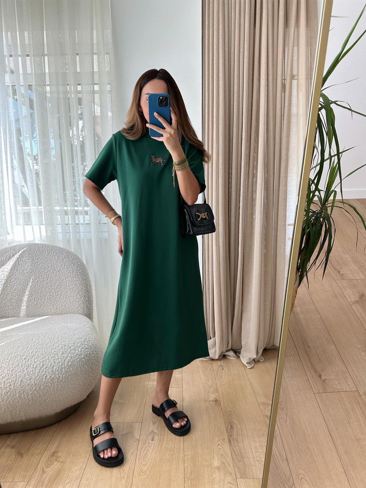 YEŞİL NAKIŞLI BASIC ELBİSE