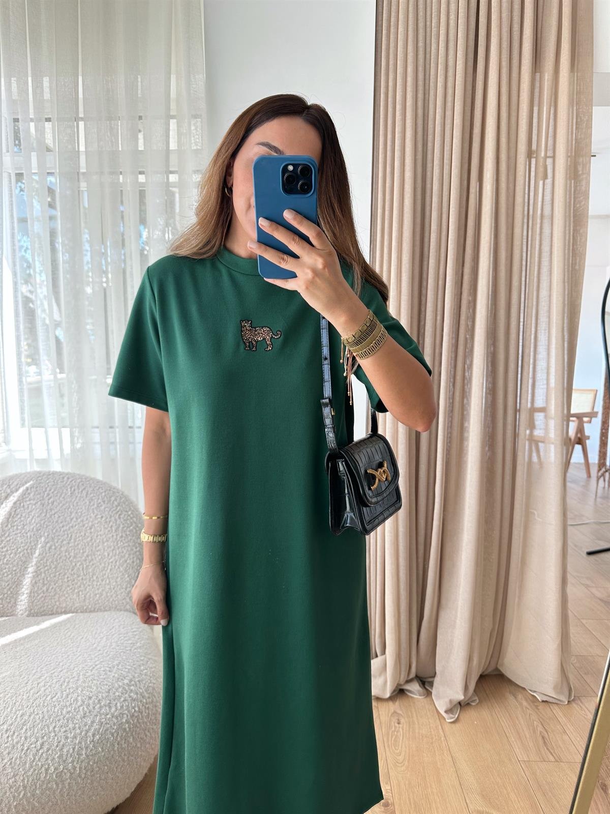 YEŞİL NAKIŞLI BASIC ELBİSE