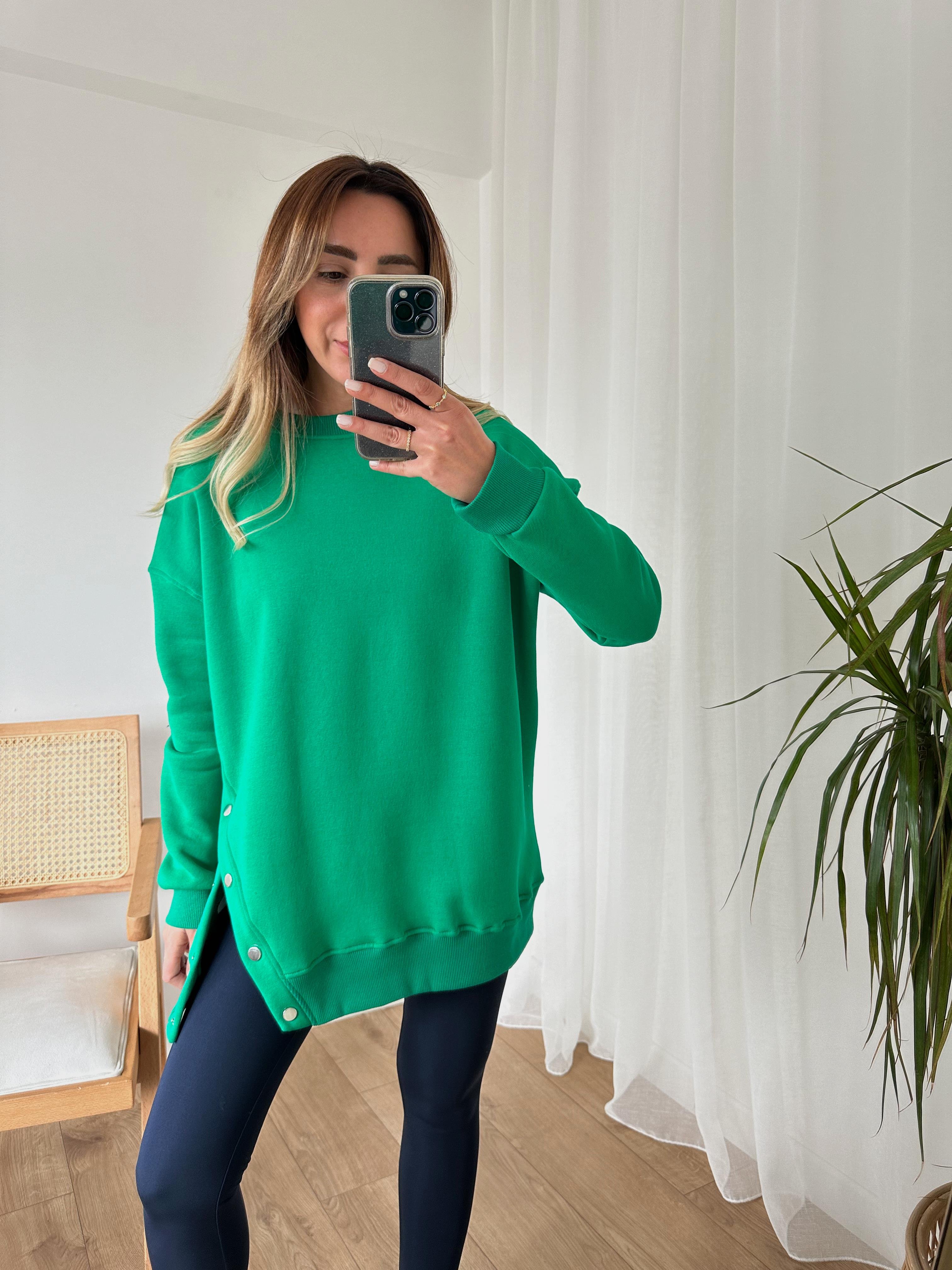 YEŞİL OVERSIZE ÇITÇITLI KALIN SWEAT