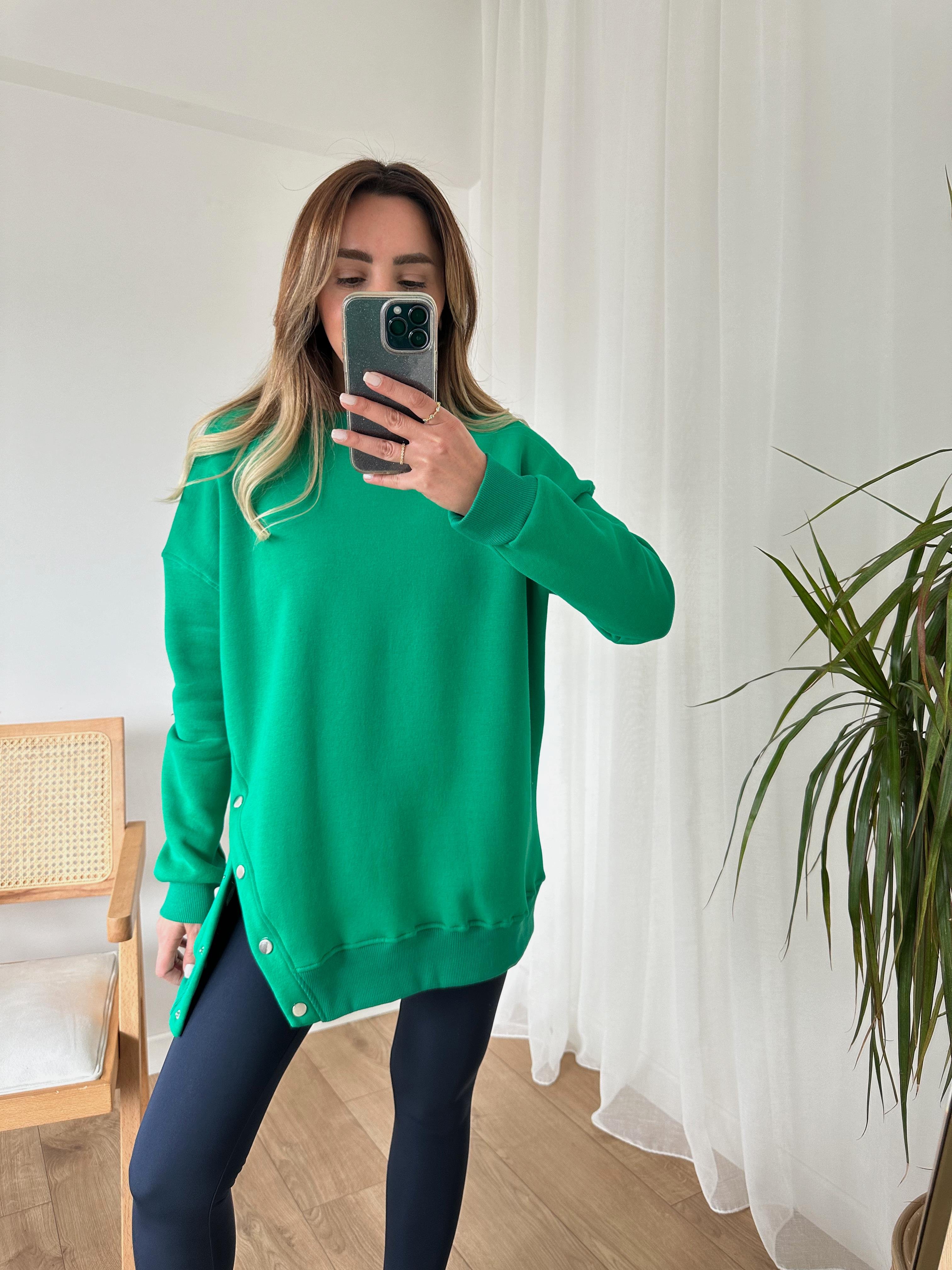 YEŞİL OVERSIZE ÇITÇITLI KALIN SWEAT