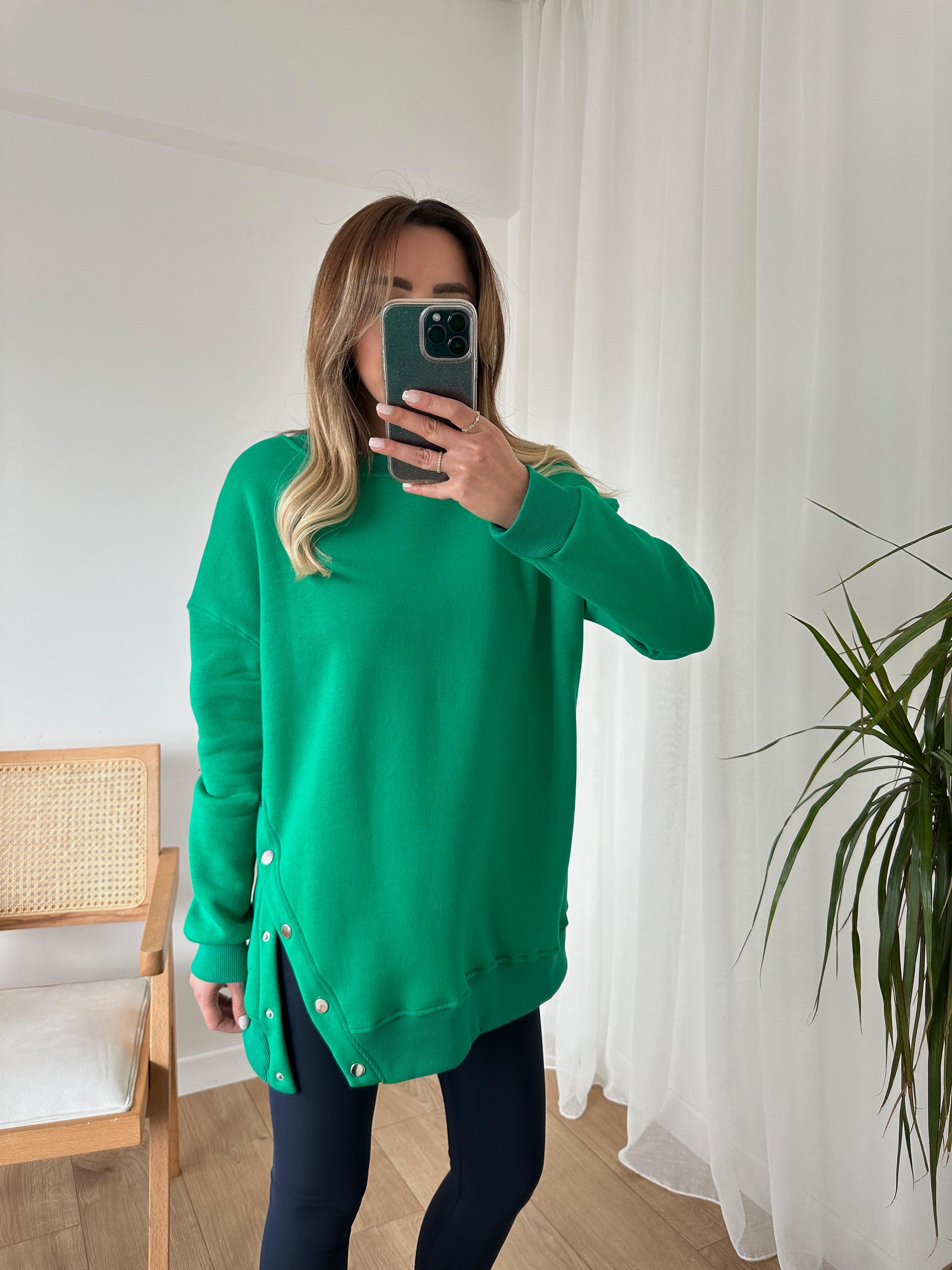 YEŞİL OVERSIZE ÇITÇITLI KALIN SWEAT