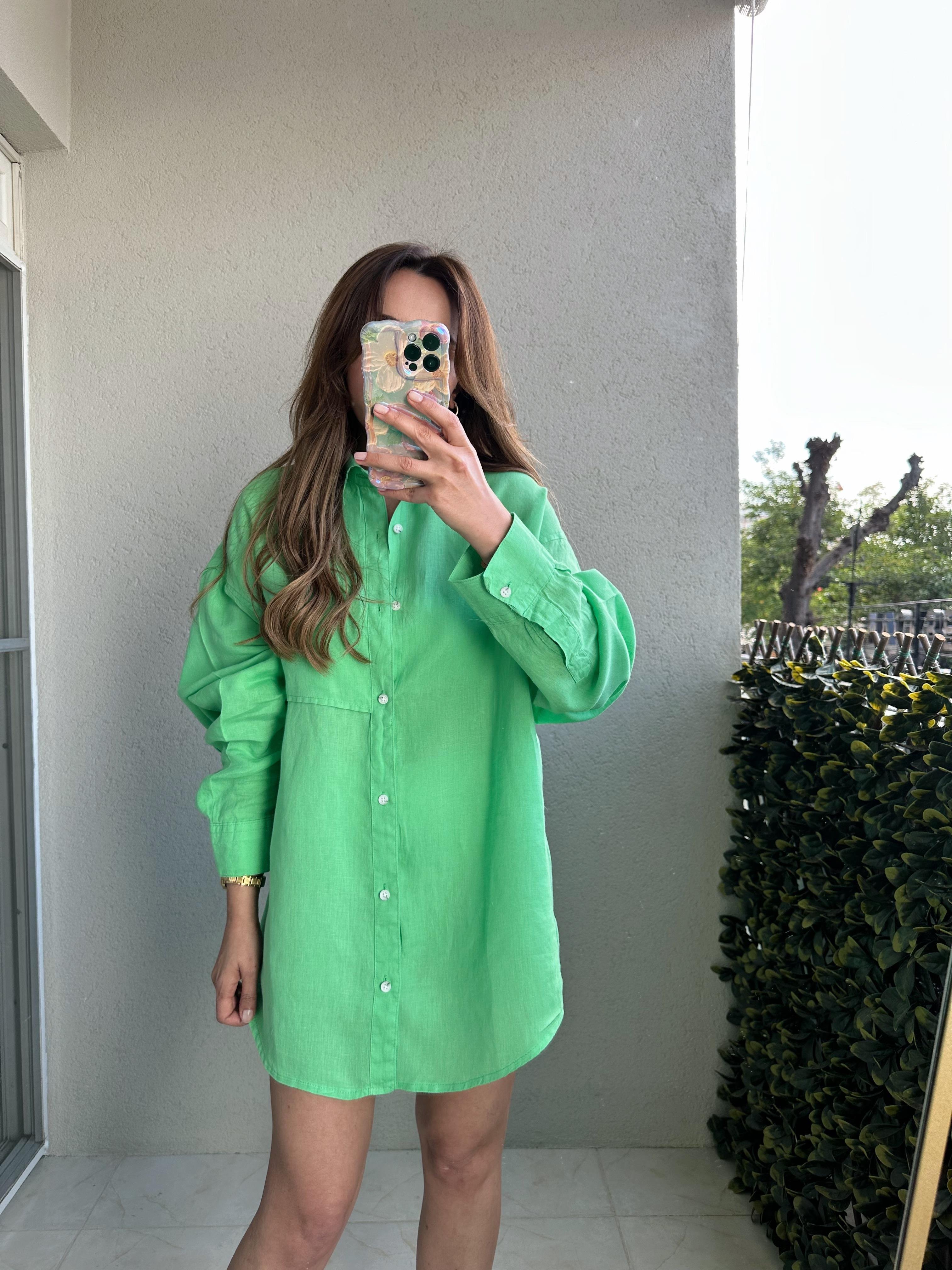 YEŞİL OVERSIZE HAM KETEN GÖMLEK