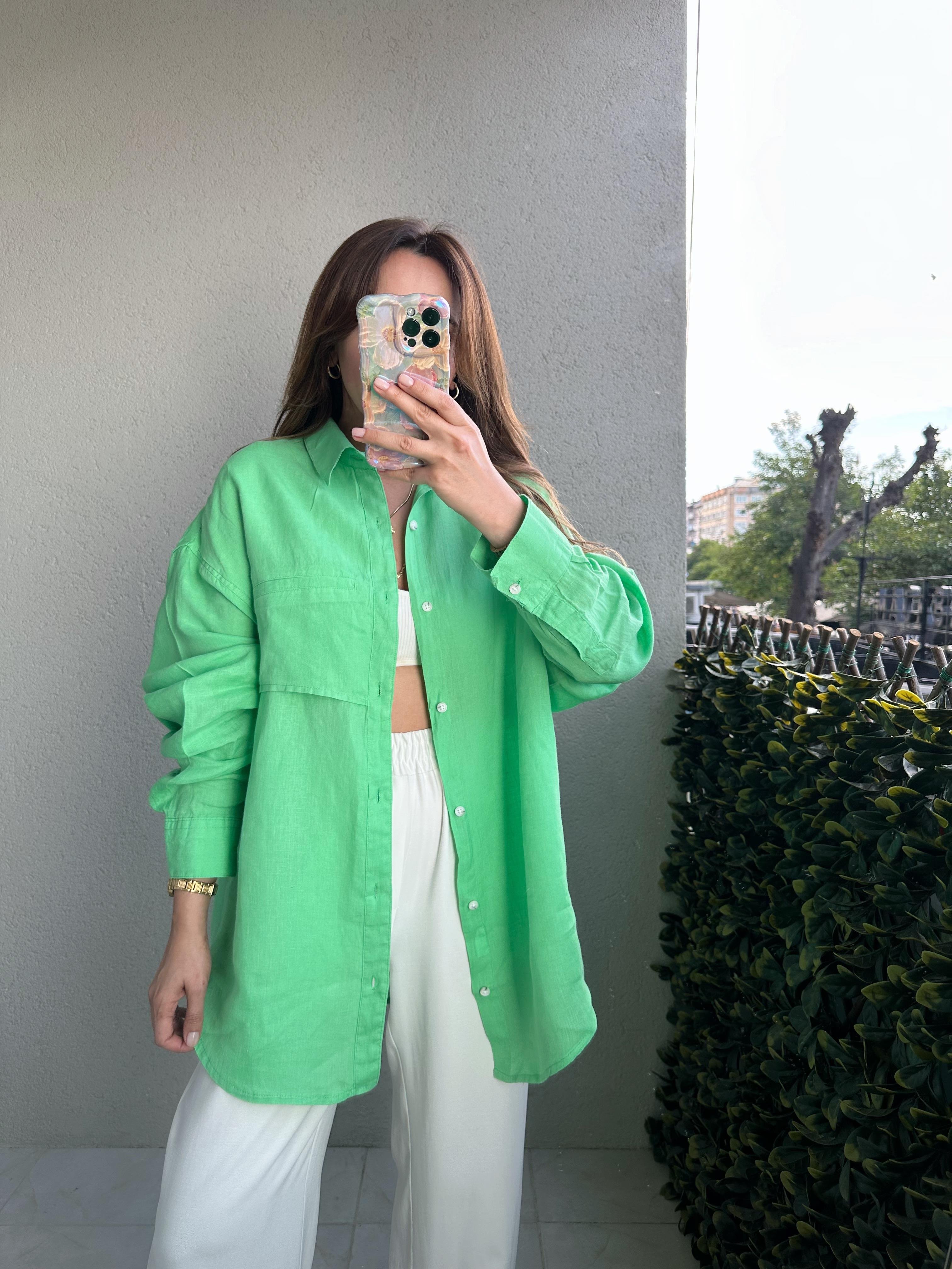 YEŞİL OVERSIZE HAM KETEN GÖMLEK