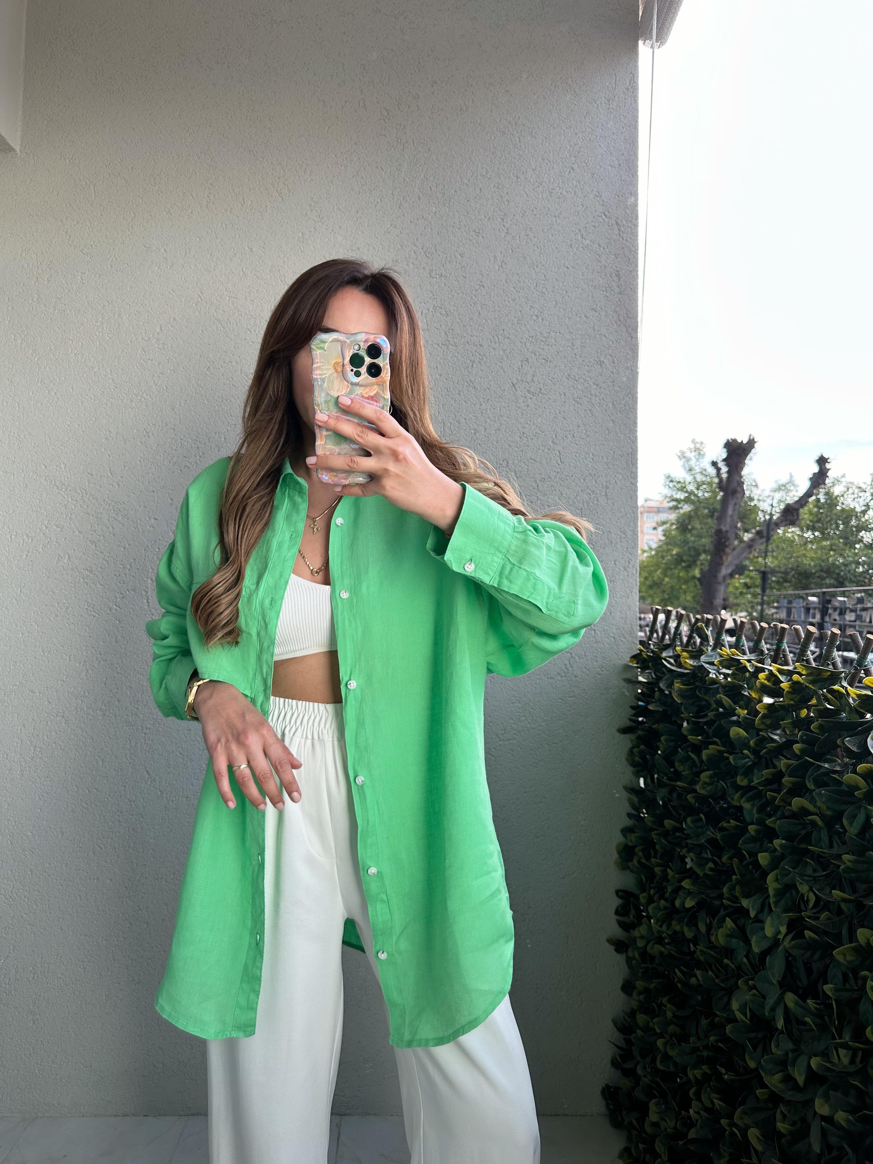 YEŞİL OVERSIZE HAM KETEN GÖMLEK