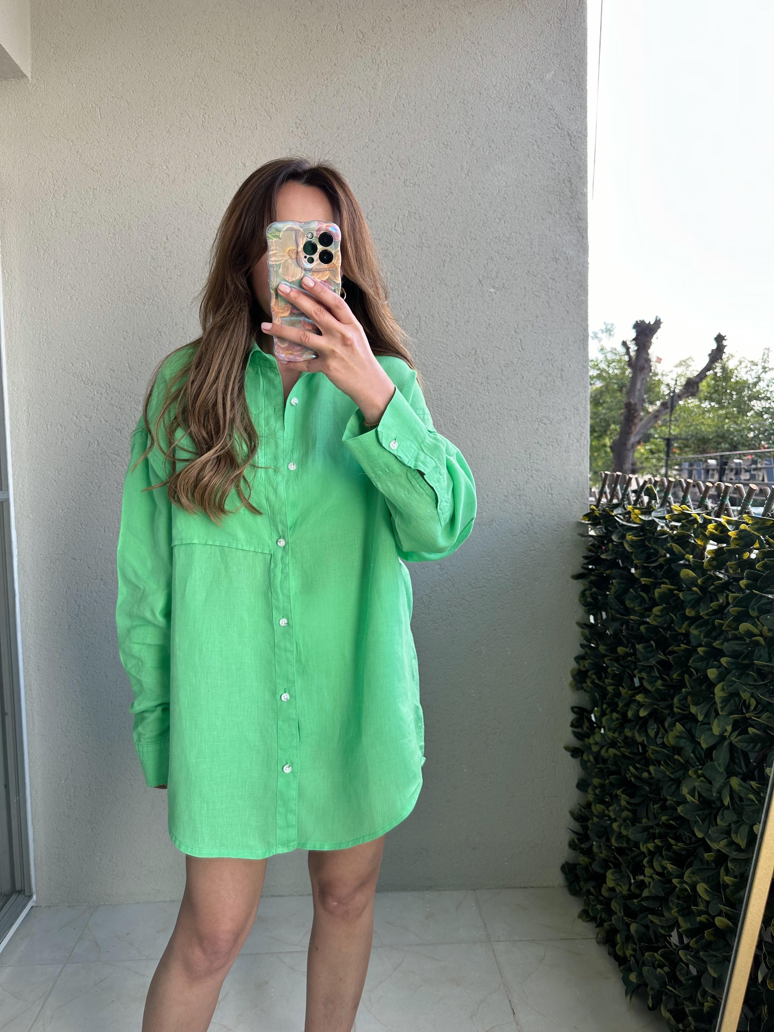 YEŞİL OVERSIZE HAM KETEN GÖMLEK
