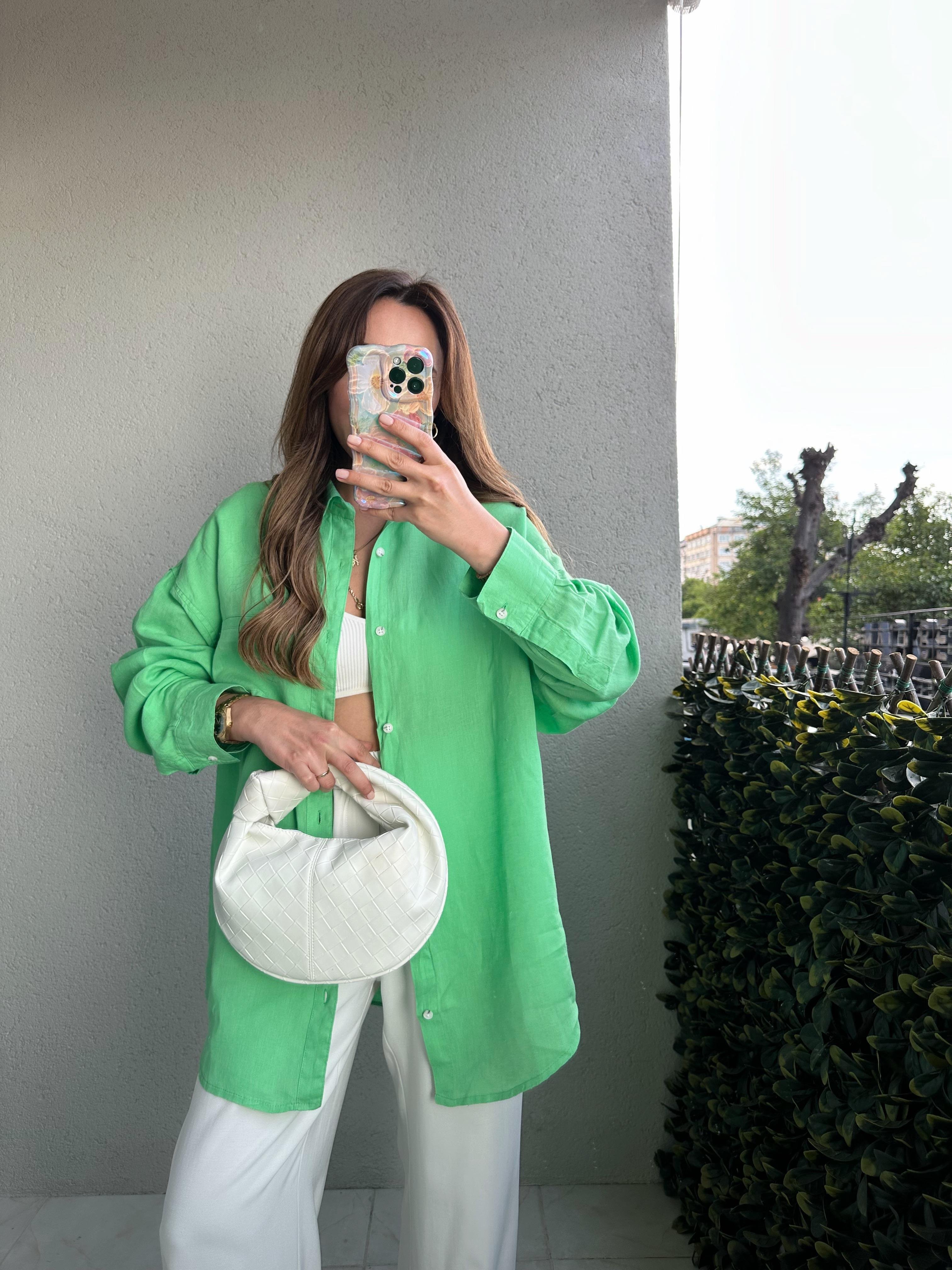 YEŞİL OVERSIZE HAM KETEN GÖMLEK