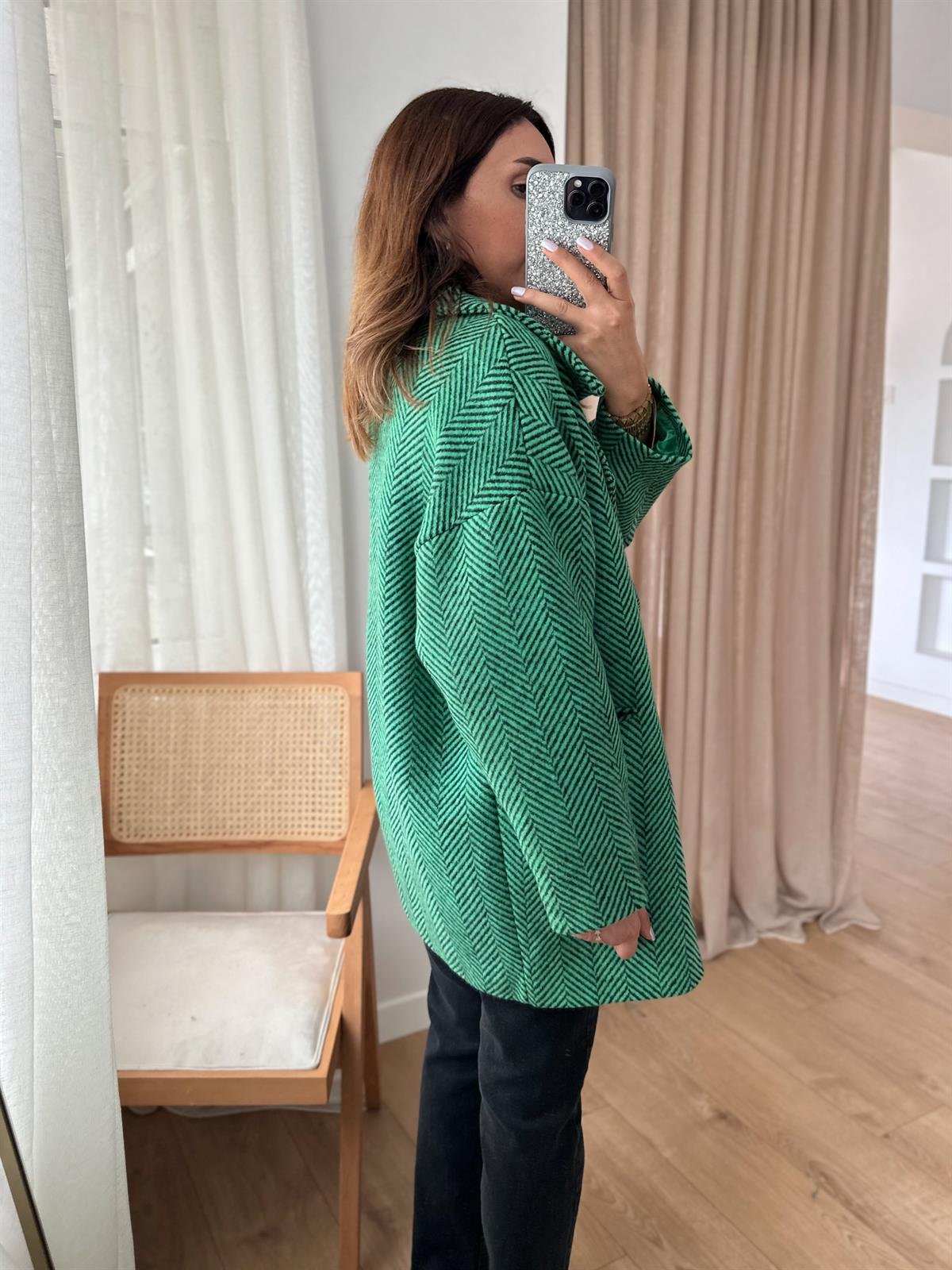 YEŞİL SŞYAH KAZAYAĞI ASTARLI OVERSIZE KABAN