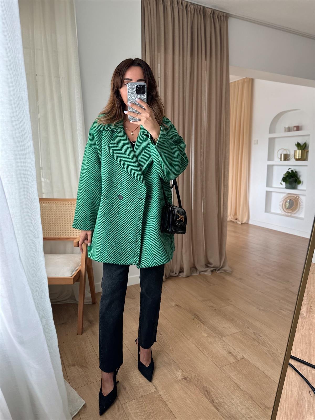 YEŞİL SŞYAH KAZAYAĞI ASTARLI OVERSIZE KABAN