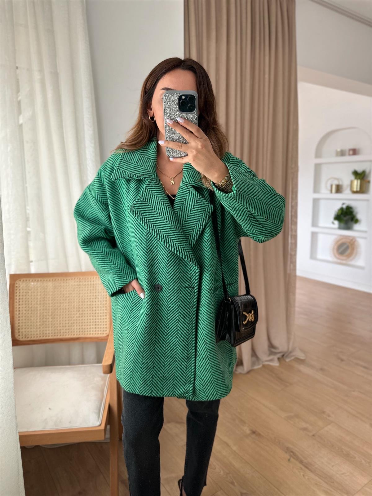 YEŞİL SŞYAH KAZAYAĞI ASTARLI OVERSIZE KABAN