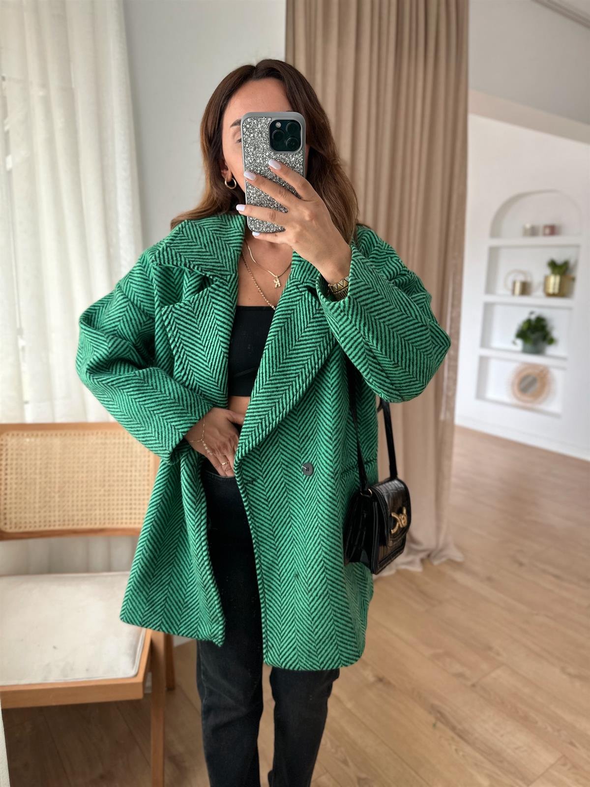 YEŞİL SŞYAH KAZAYAĞI ASTARLI OVERSIZE KABAN