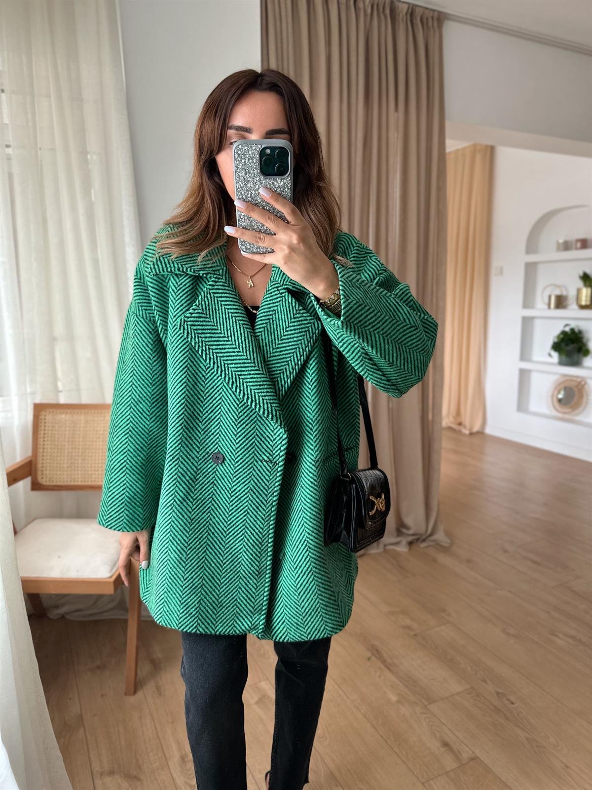 YEŞİL SŞYAH KAZAYAĞI ASTARLI OVERSIZE KABAN